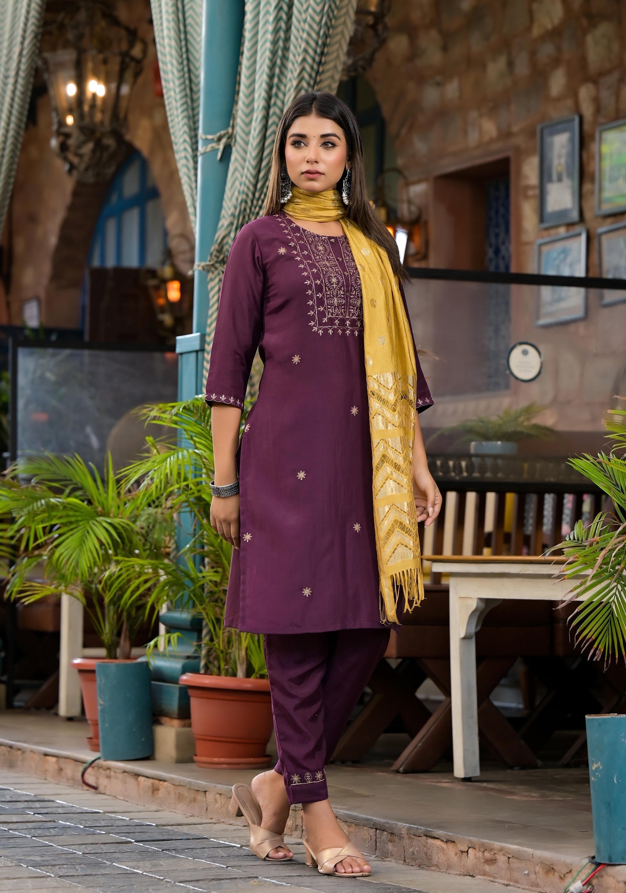Juniper Burgundy Zari Embroidered Chinon Kurta Pant And Dupatta Set With Zari Work & Beads