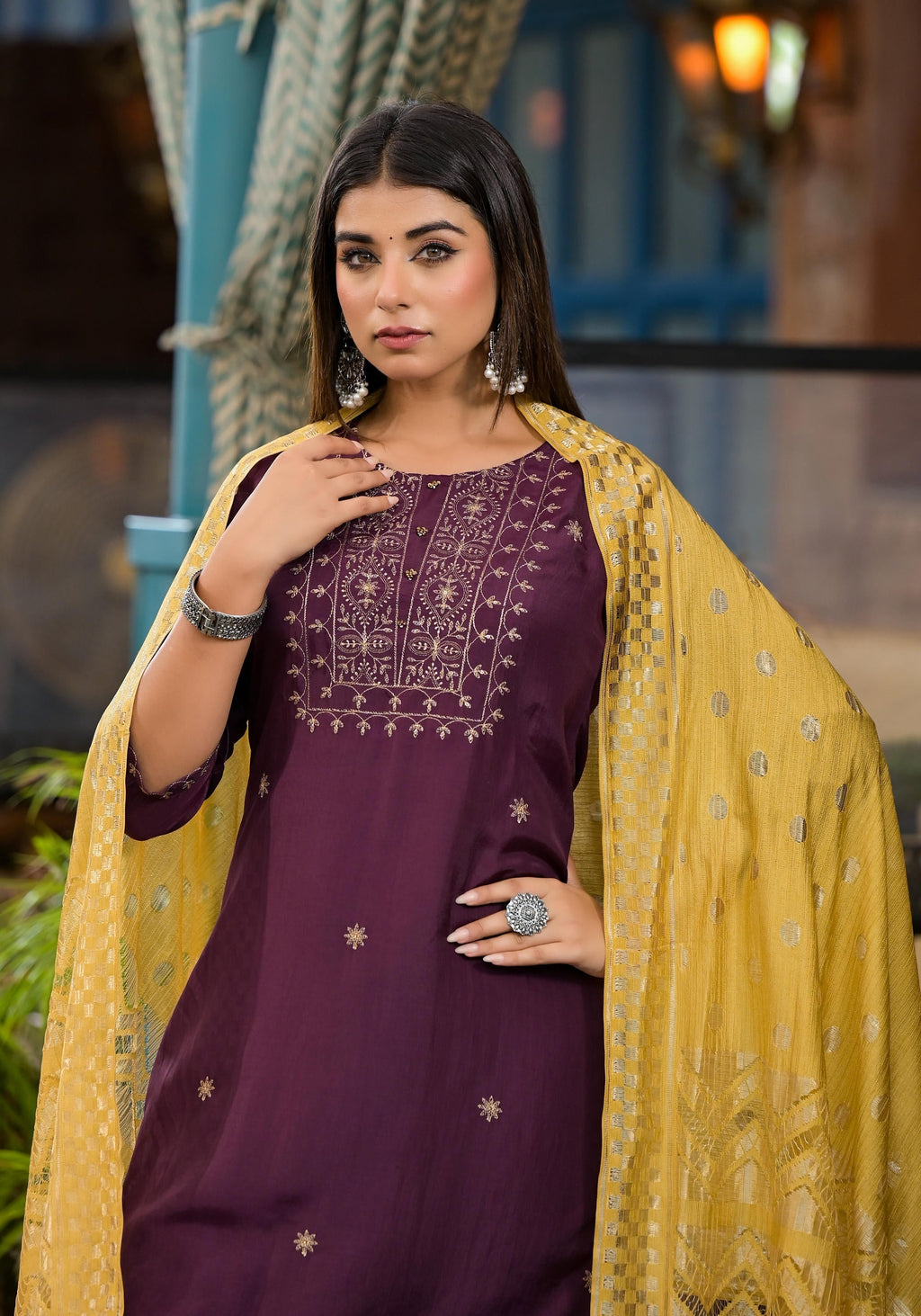Juniper Burgundy Zari Embroidered Chinon Kurta Pant And Dupatta Set With Zari Work & Beads