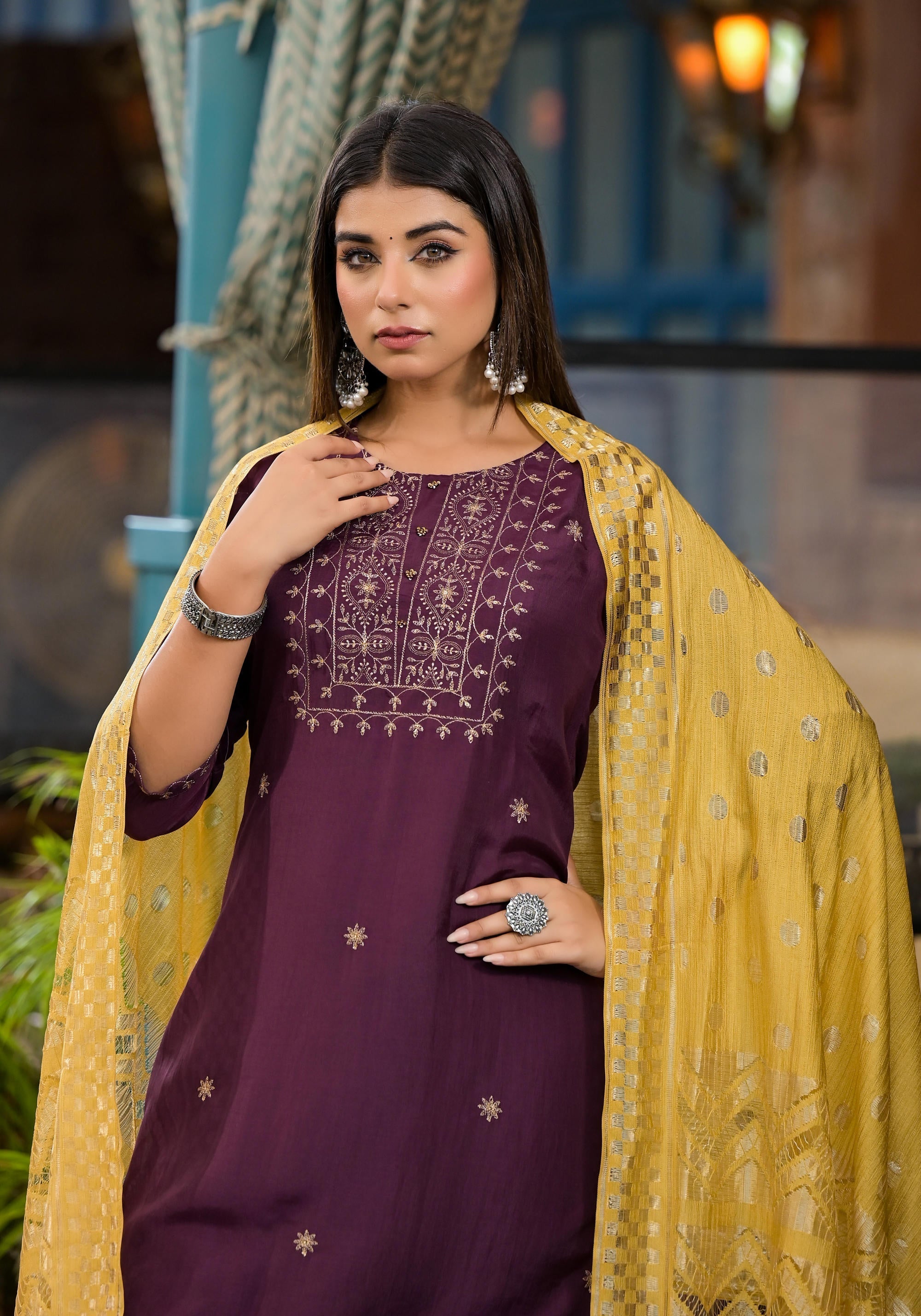 Juniper Burgundy Zari Embroidered Chinon Kurta Pant And Dupatta Set With Zari Work & Beads