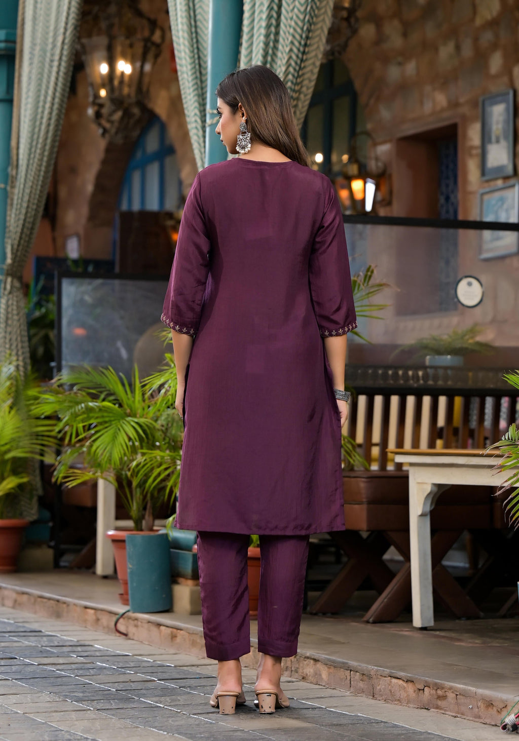 Juniper Burgundy Zari Embroidered Chinon Kurta Pant And Dupatta Set With Zari Work & Beads
