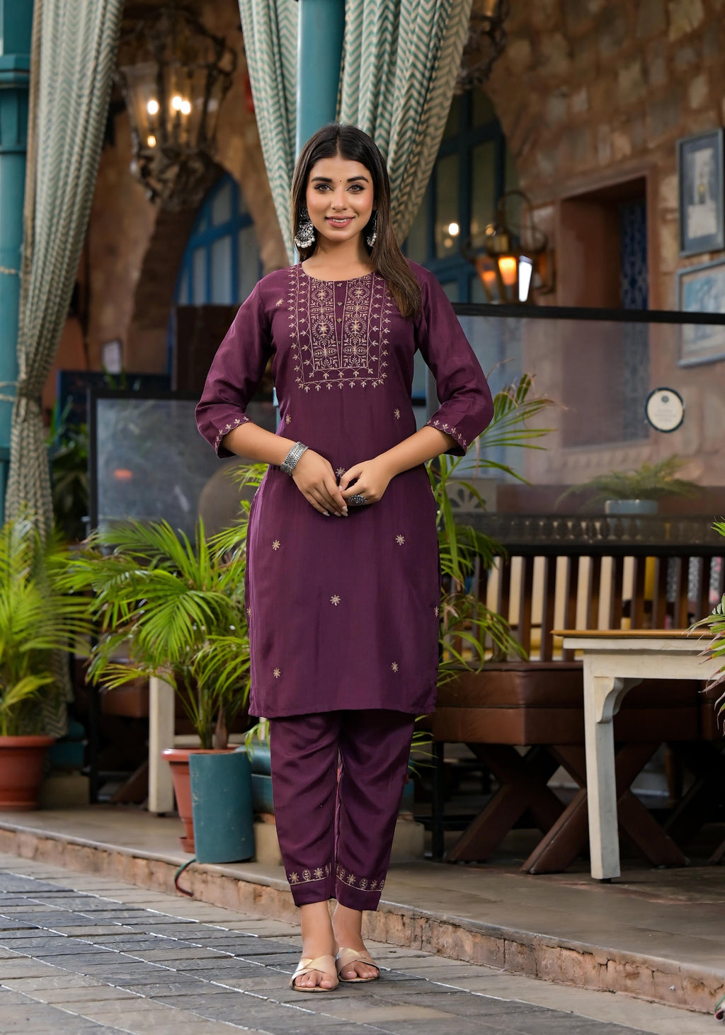 Juniper Burgundy Zari Embroidered Chinon Kurta Pant And Dupatta Set With Zari Work & Beads