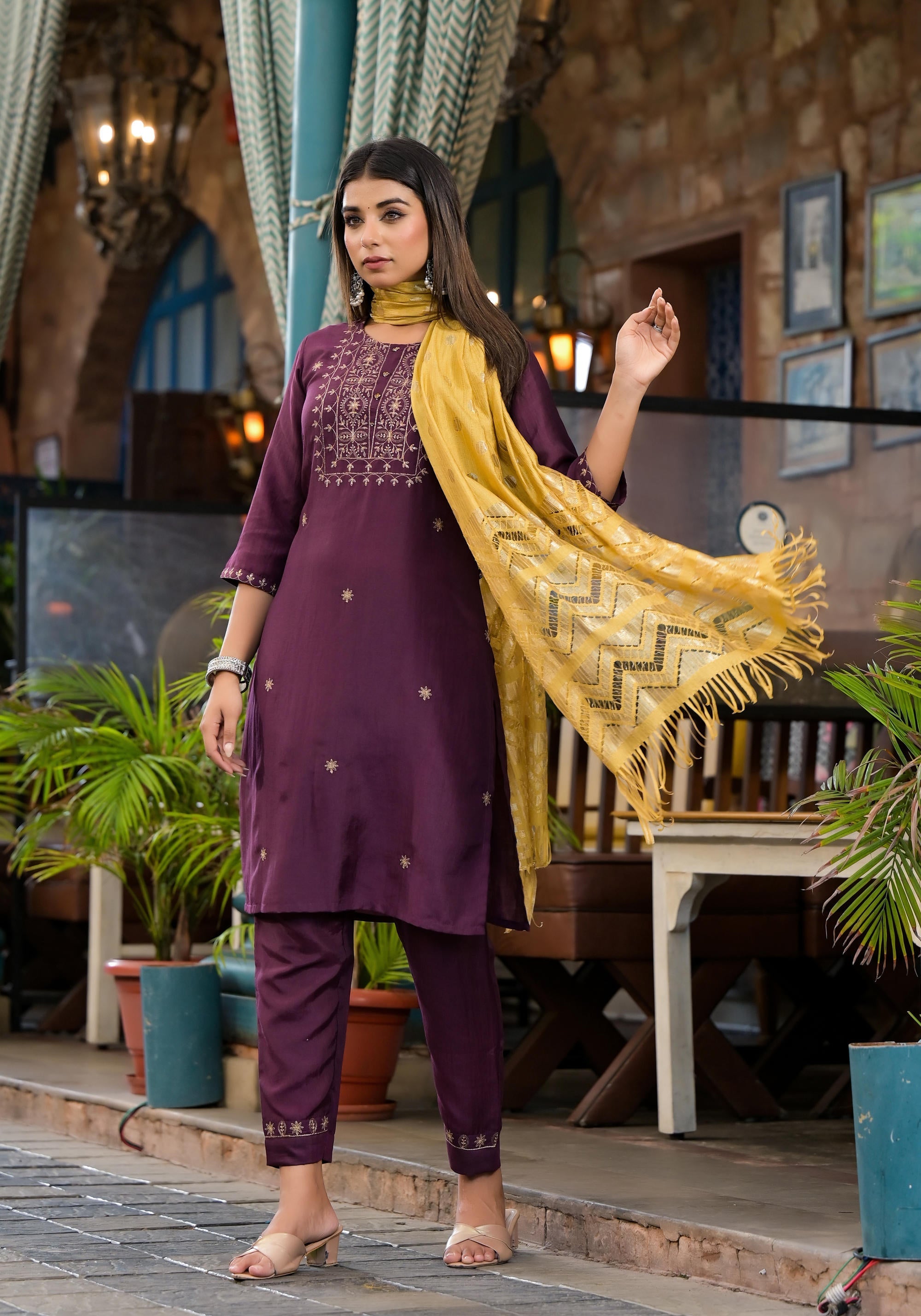 Juniper Burgundy Zari Embroidered Chinon Kurta Pant And Dupatta Set With Zari Work & Beads