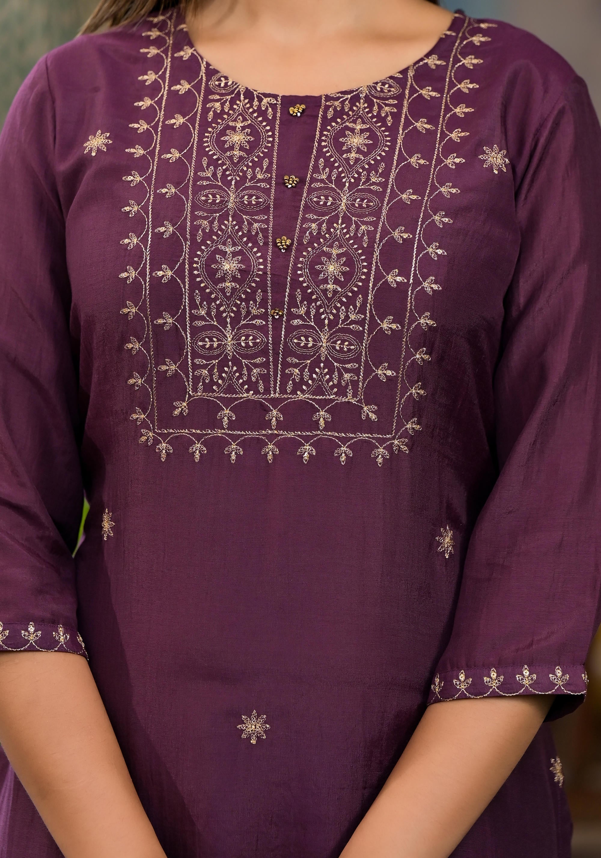 Juniper Burgundy Zari Embroidered Chinon Kurta Pant And Dupatta Set With Zari Work & Beads