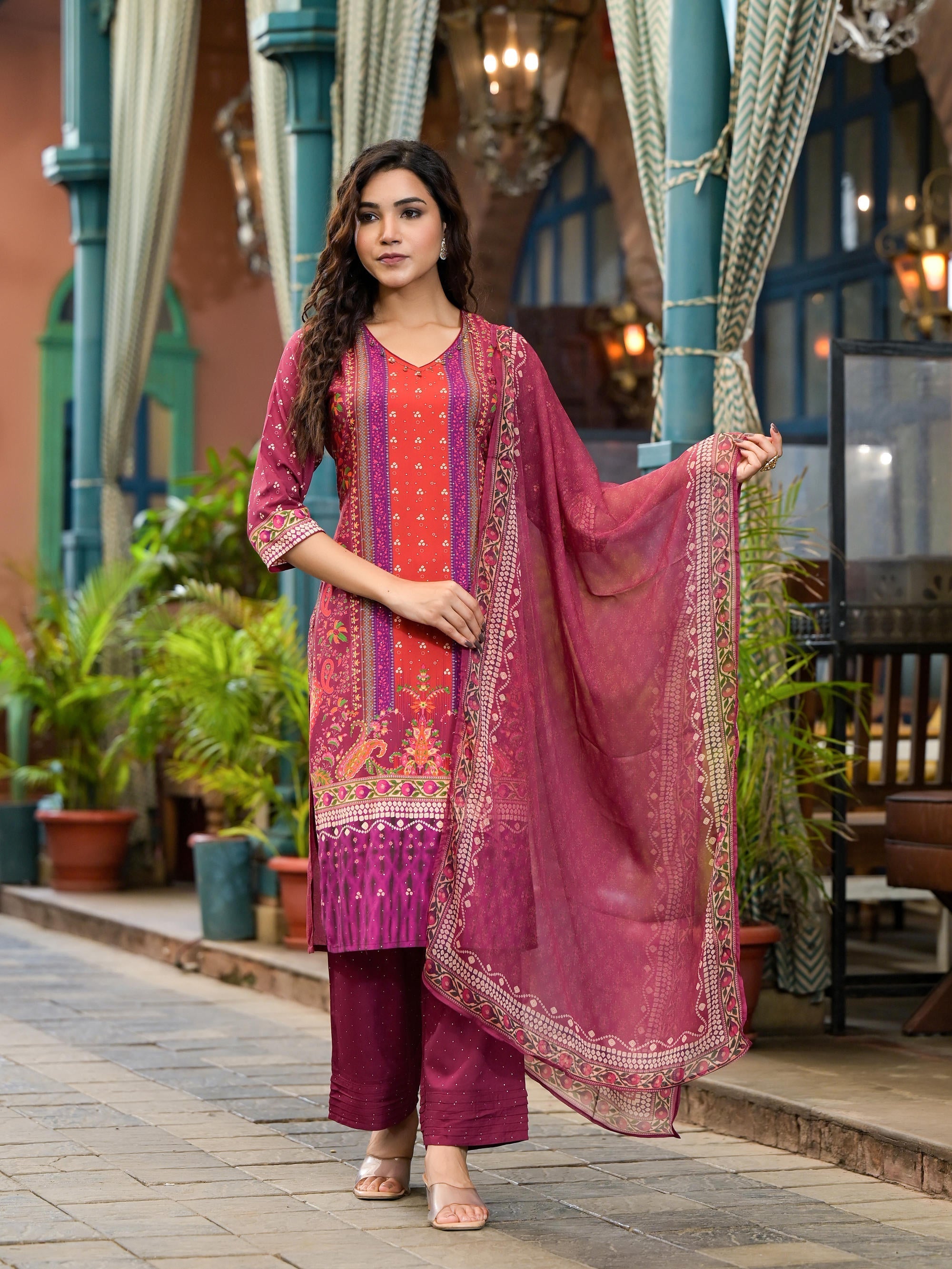 Juniper Plum Ethnic Motif Printed Liva Rayon Kurta Set With Coins