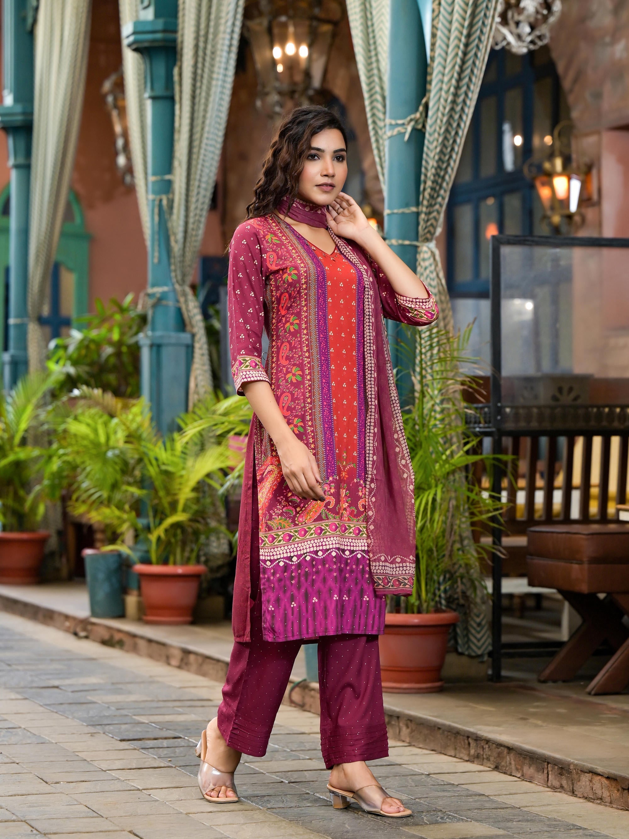 Juniper Plum Ethnic Motif Printed Liva Rayon Kurta Set With Coins