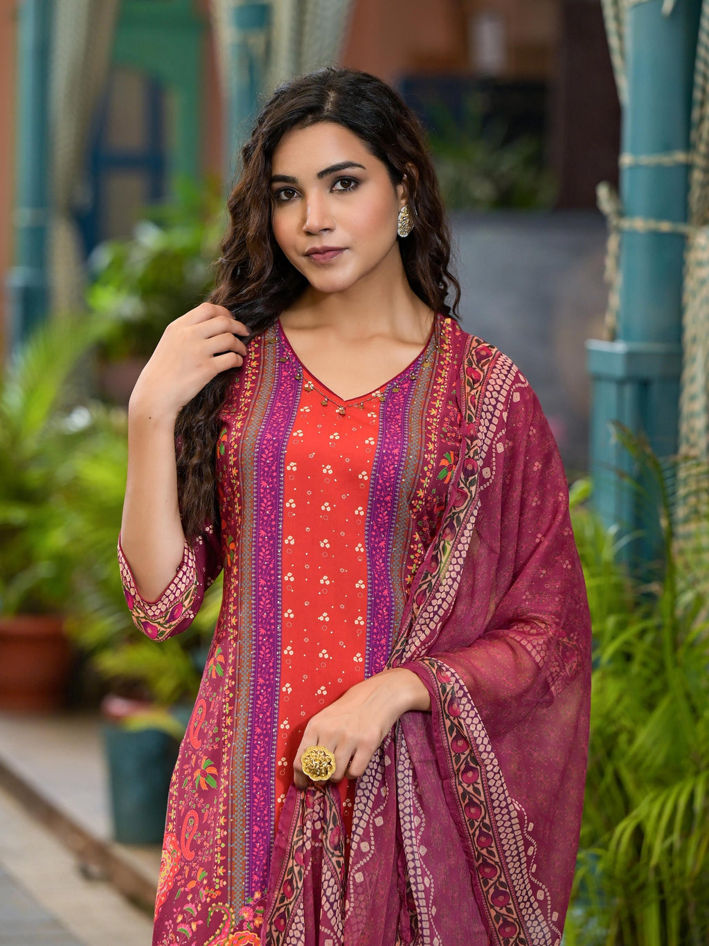 Juniper Plum Ethnic Motif Printed Liva Rayon Kurta Set With Coins