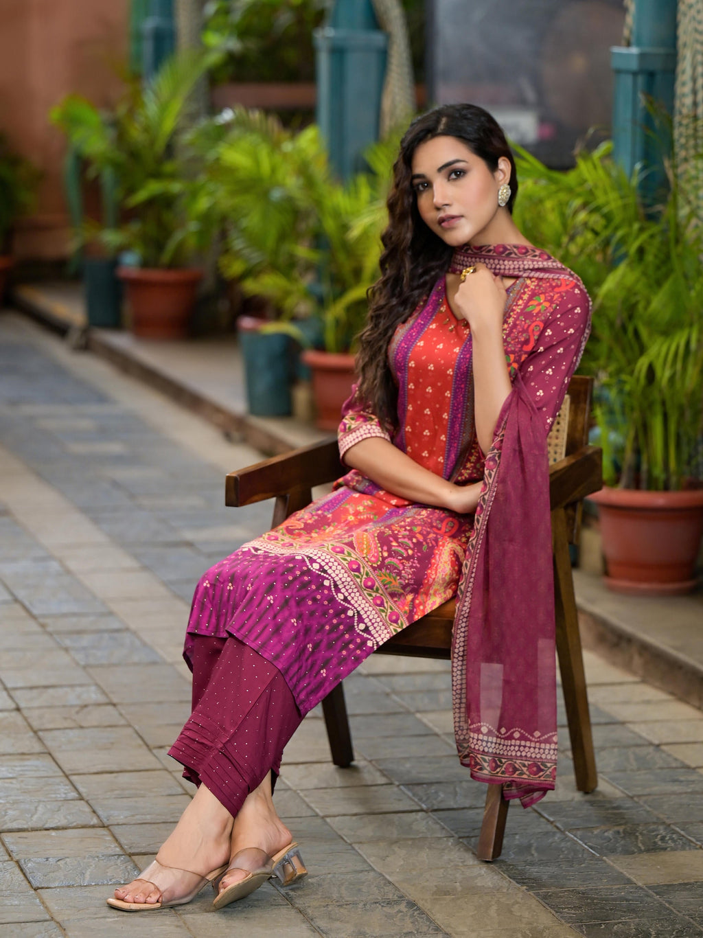 Juniper Plum Ethnic Motif Printed Liva Rayon Kurta Set With Coins