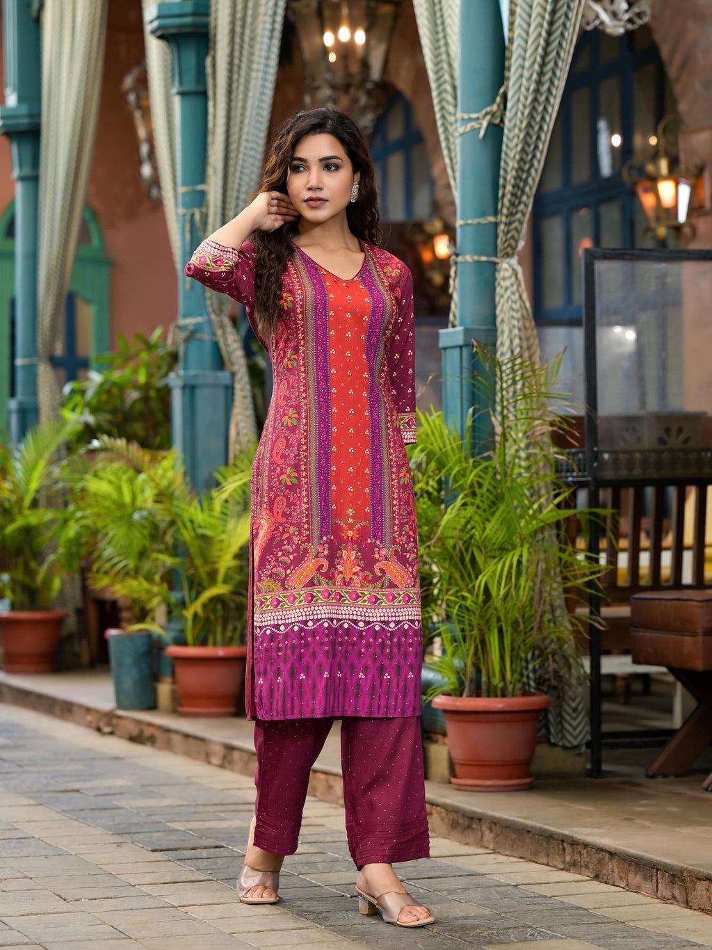 Juniper Plum Ethnic Motif Printed Liva Rayon Kurta Set With Coins
