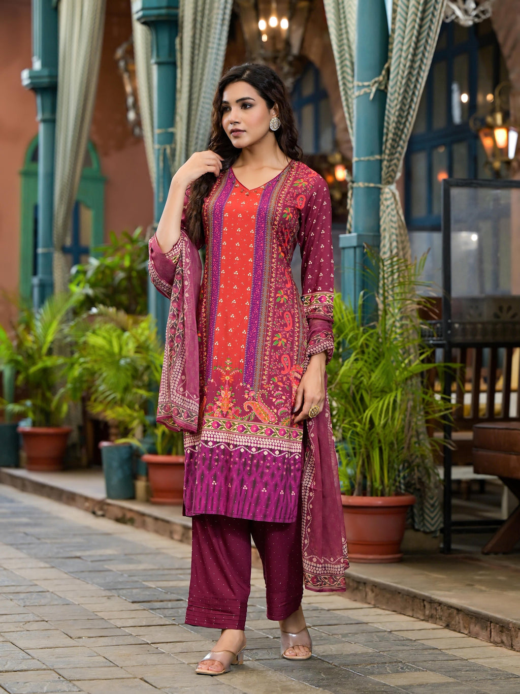 Juniper Plum Ethnic Motif Printed Liva Rayon Kurta Set With Coins