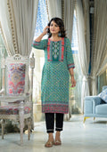 Juniper Teal Ethnic Motif Printed Liva Rayon Kurta With Sequins & Gota Patti Work