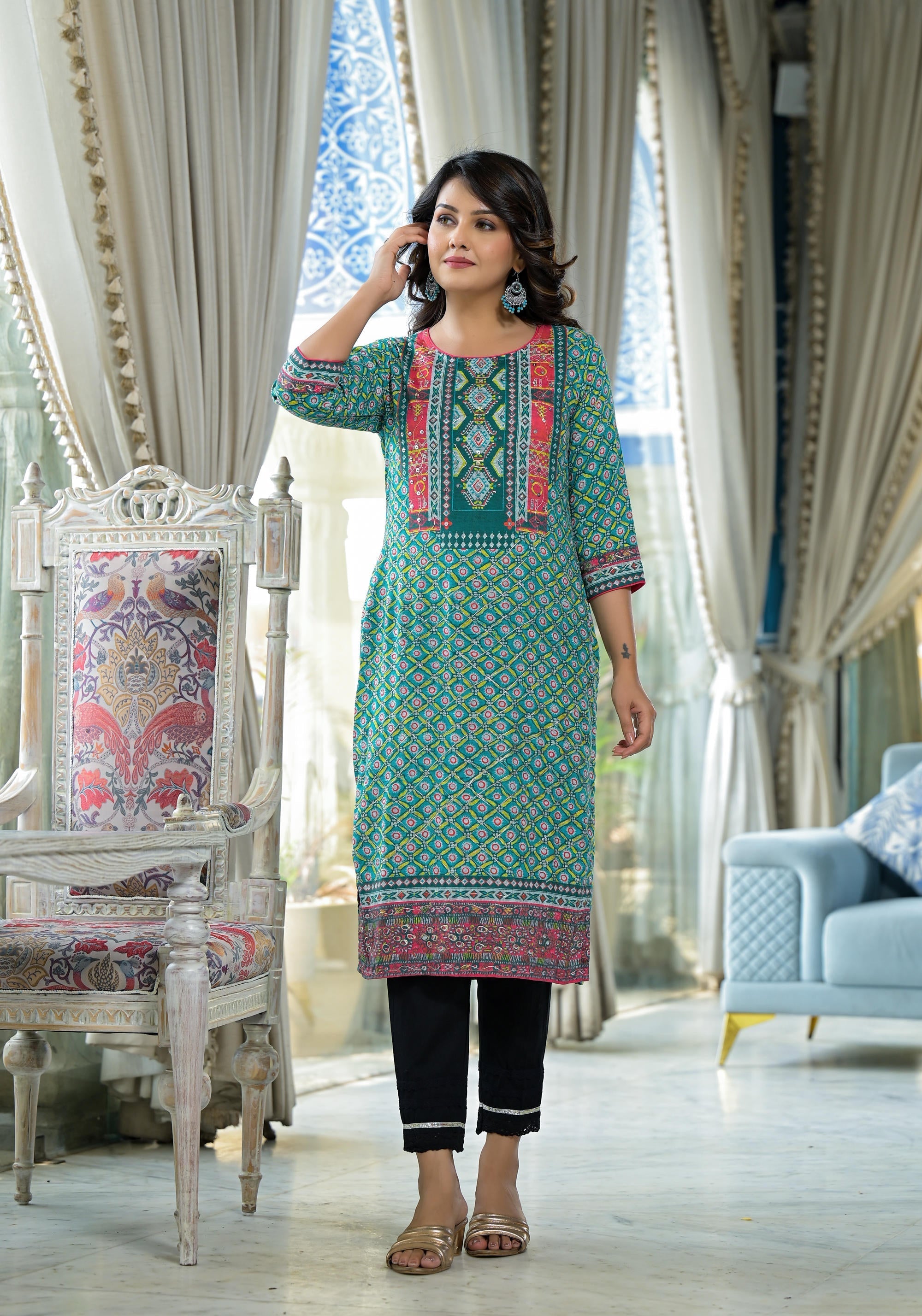 Juniper Teal Ethnic Motif Printed Liva Rayon Kurta With Sequins & Gota Patti Work