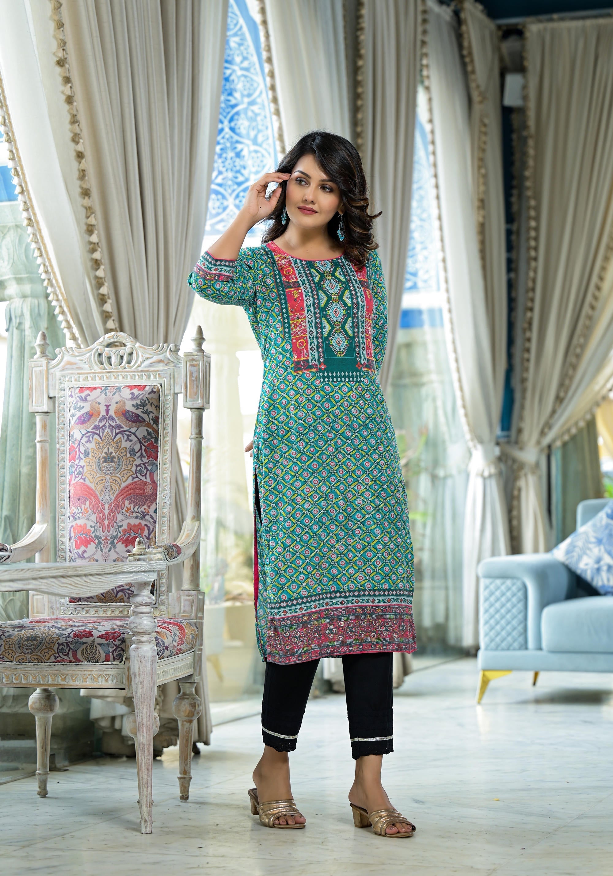 Juniper Teal Ethnic Motif Printed Liva Rayon Kurta With Sequins & Gota Patti Work