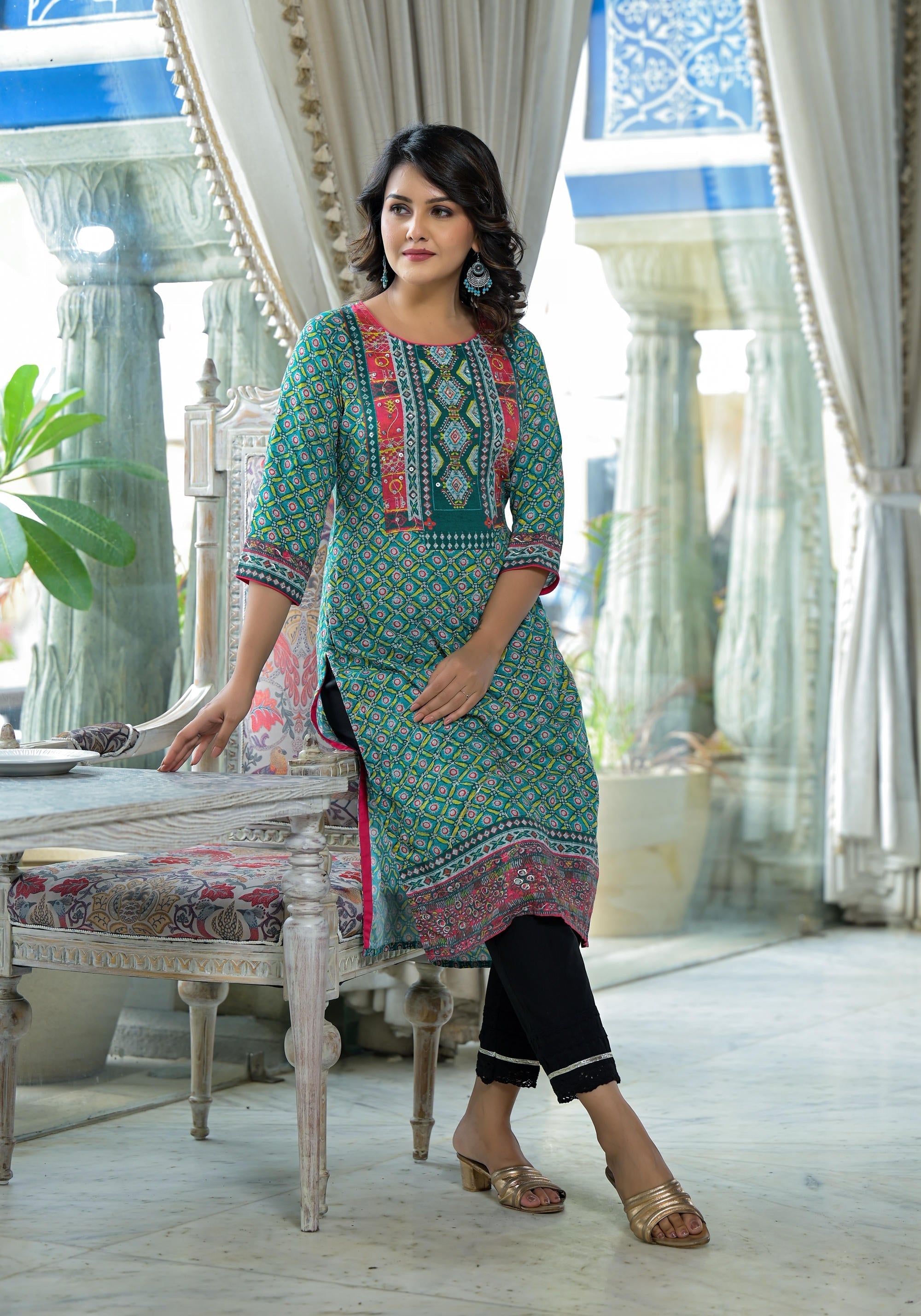 Juniper Teal Ethnic Motif Printed Liva Rayon Kurta With Sequins & Gota Patti Work