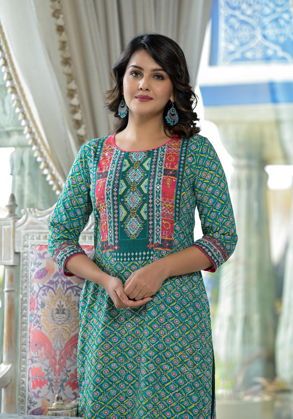Juniper Teal Ethnic Motif Printed Liva Rayon Kurta With Sequins & Gota Patti Work