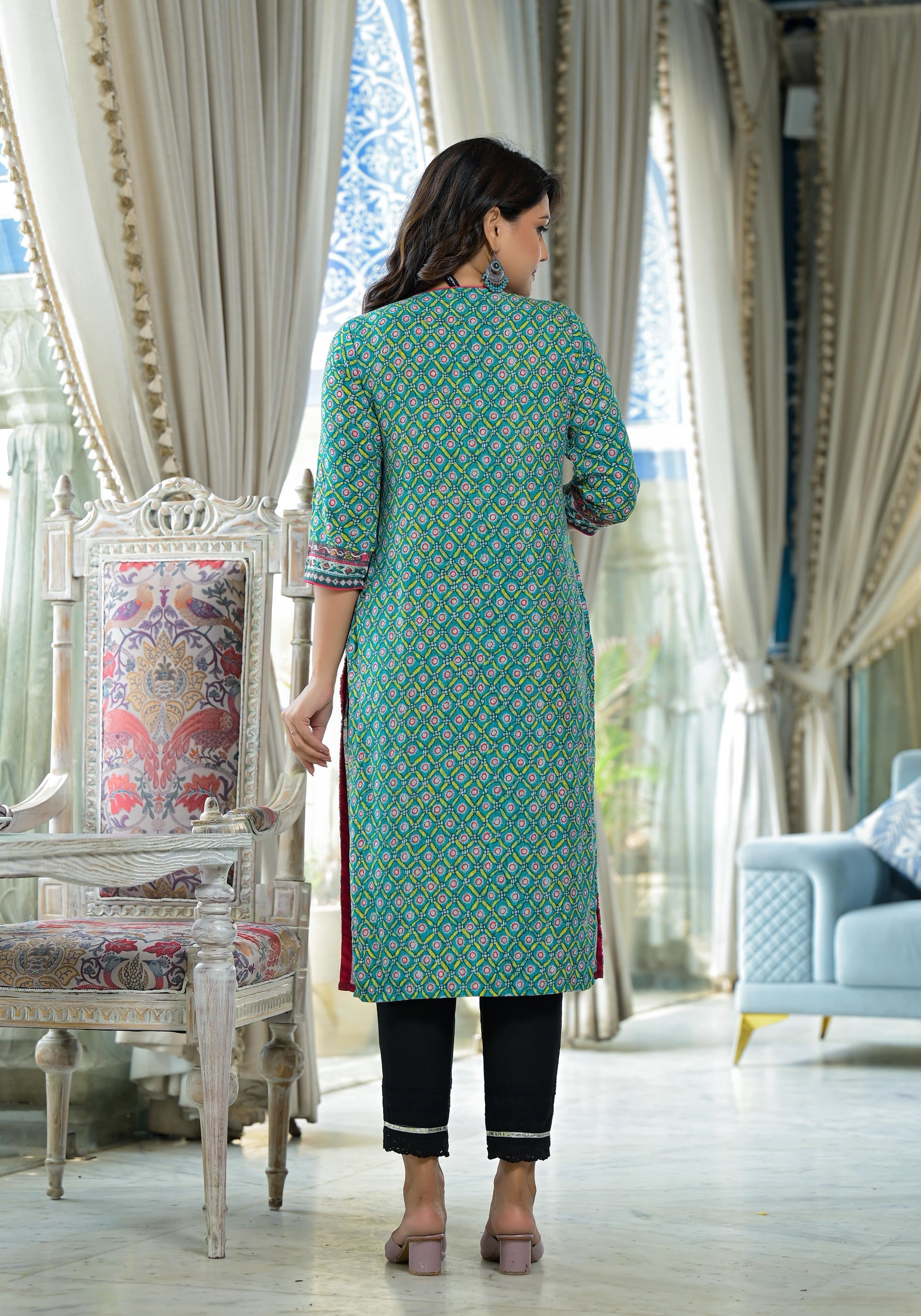 Juniper Teal Ethnic Motif Printed Liva Rayon Kurta With Sequins & Gota Patti Work