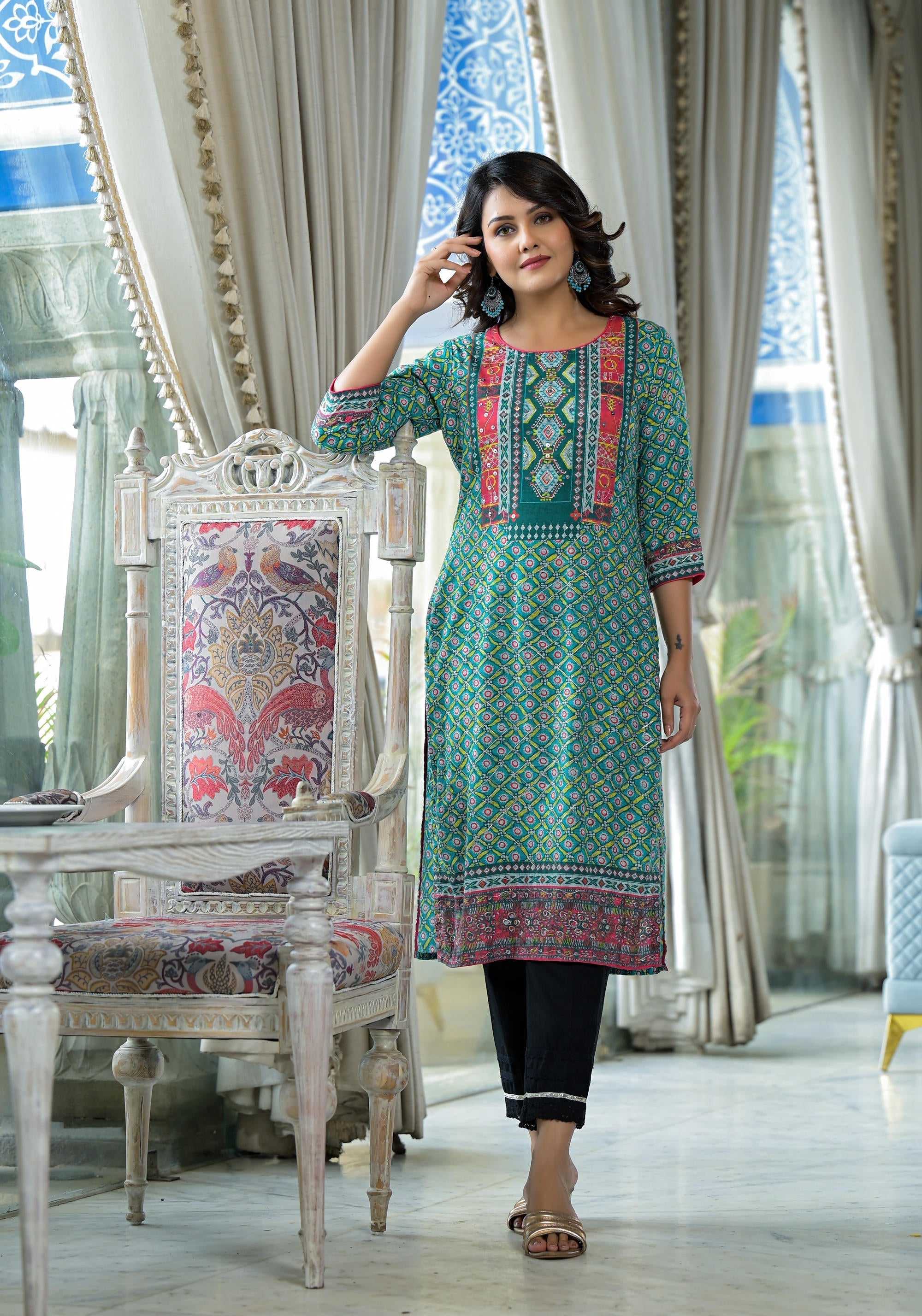 Juniper Teal Ethnic Motif Printed Liva Rayon Kurta With Sequins & Gota Patti Work