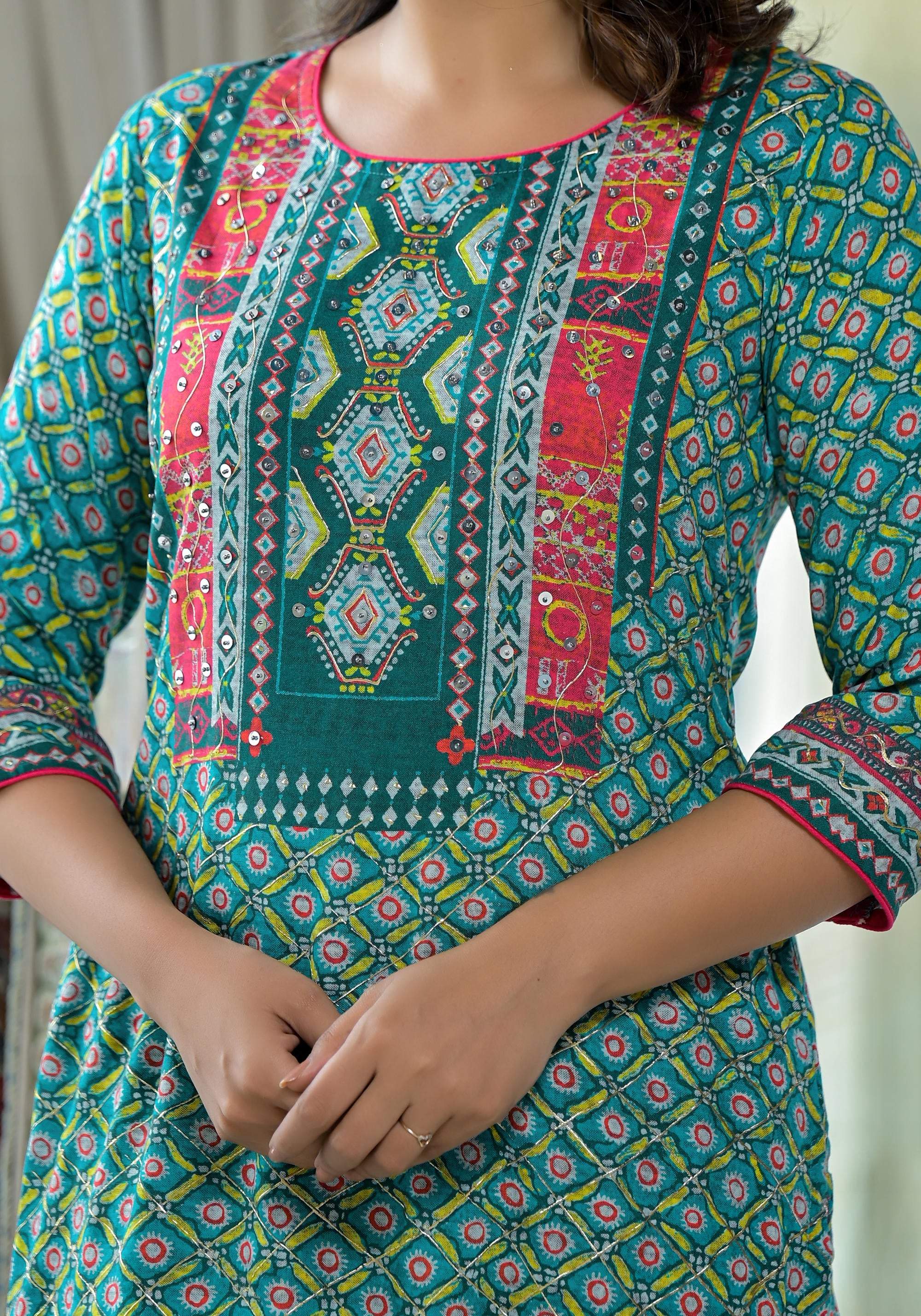 Juniper Teal Ethnic Motif Printed Liva Rayon Kurta With Sequins & Gota Patti Work