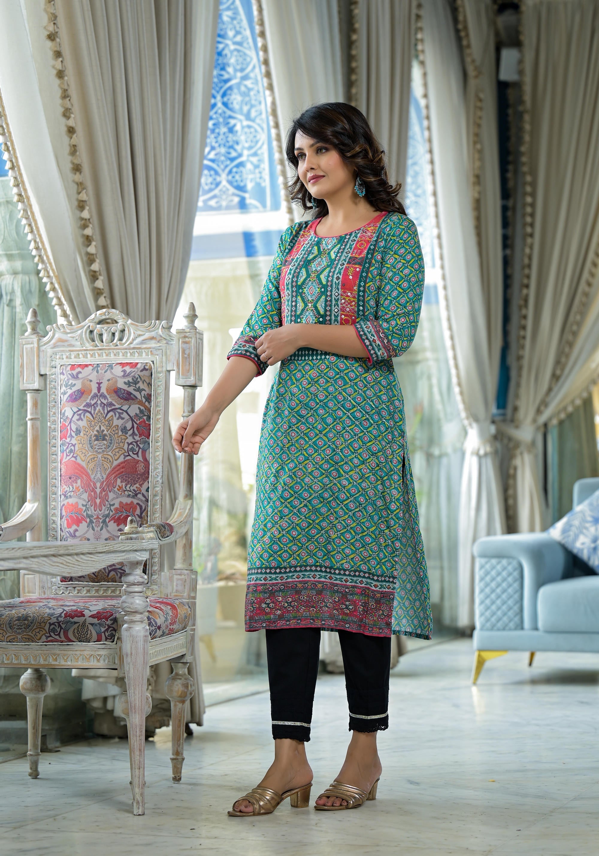 Juniper Teal Ethnic Motif Printed Liva Rayon Kurta With Sequins & Gota Patti Work