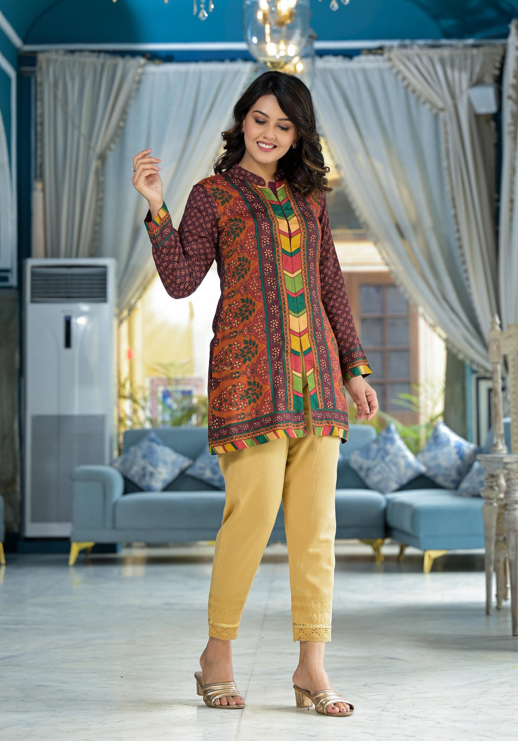 Juniper Multi Ethnic Motif Printed Viscose Tunic For Women