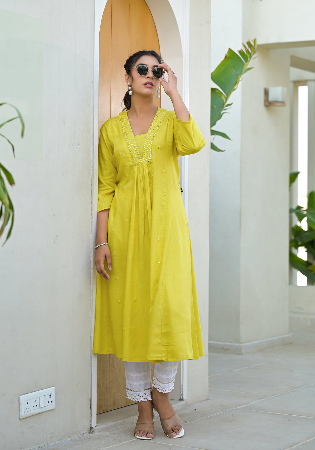 Juniper Yellow Solid Liva Rayon Kurta With Mirror Work