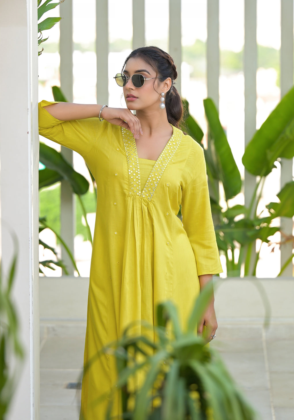 Juniper Yellow Solid Liva Rayon Kurta With Mirror Work