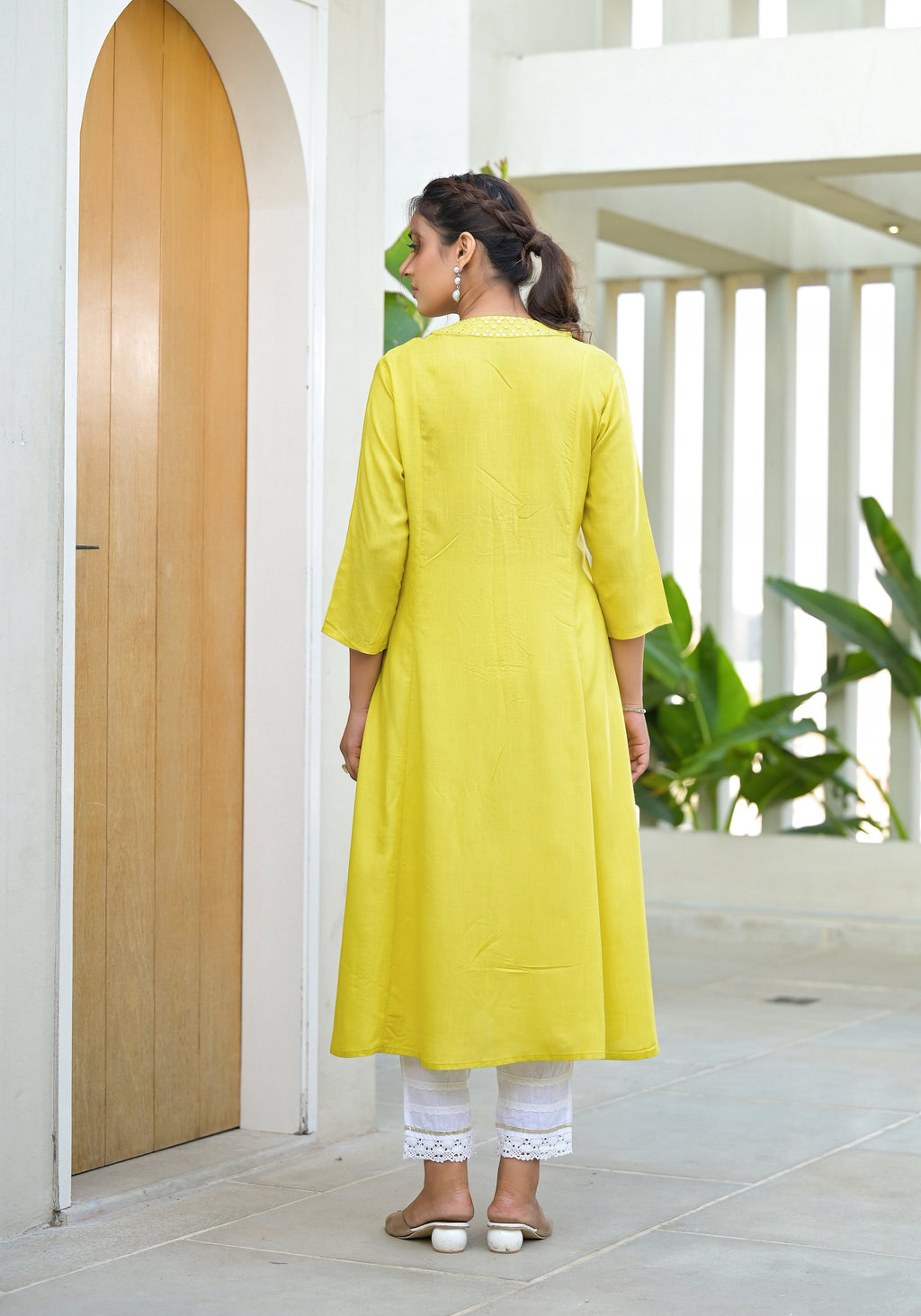 Juniper Yellow Solid Liva Rayon Kurta With Mirror Work
