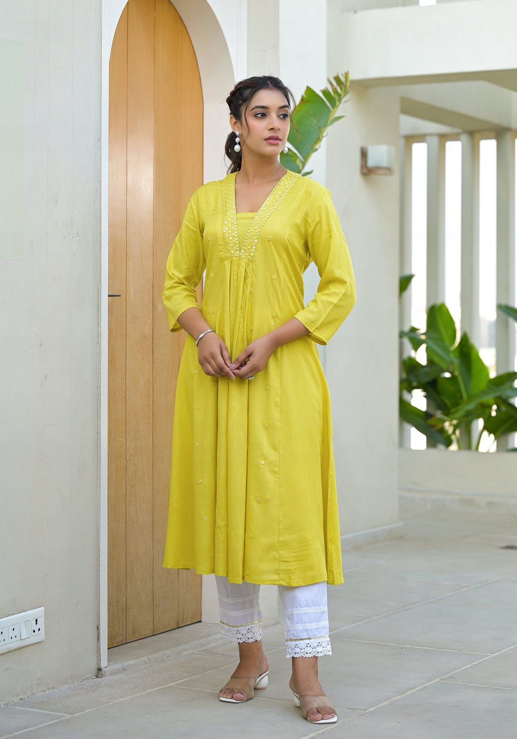 Juniper Yellow Solid Liva Rayon Kurta With Mirror Work