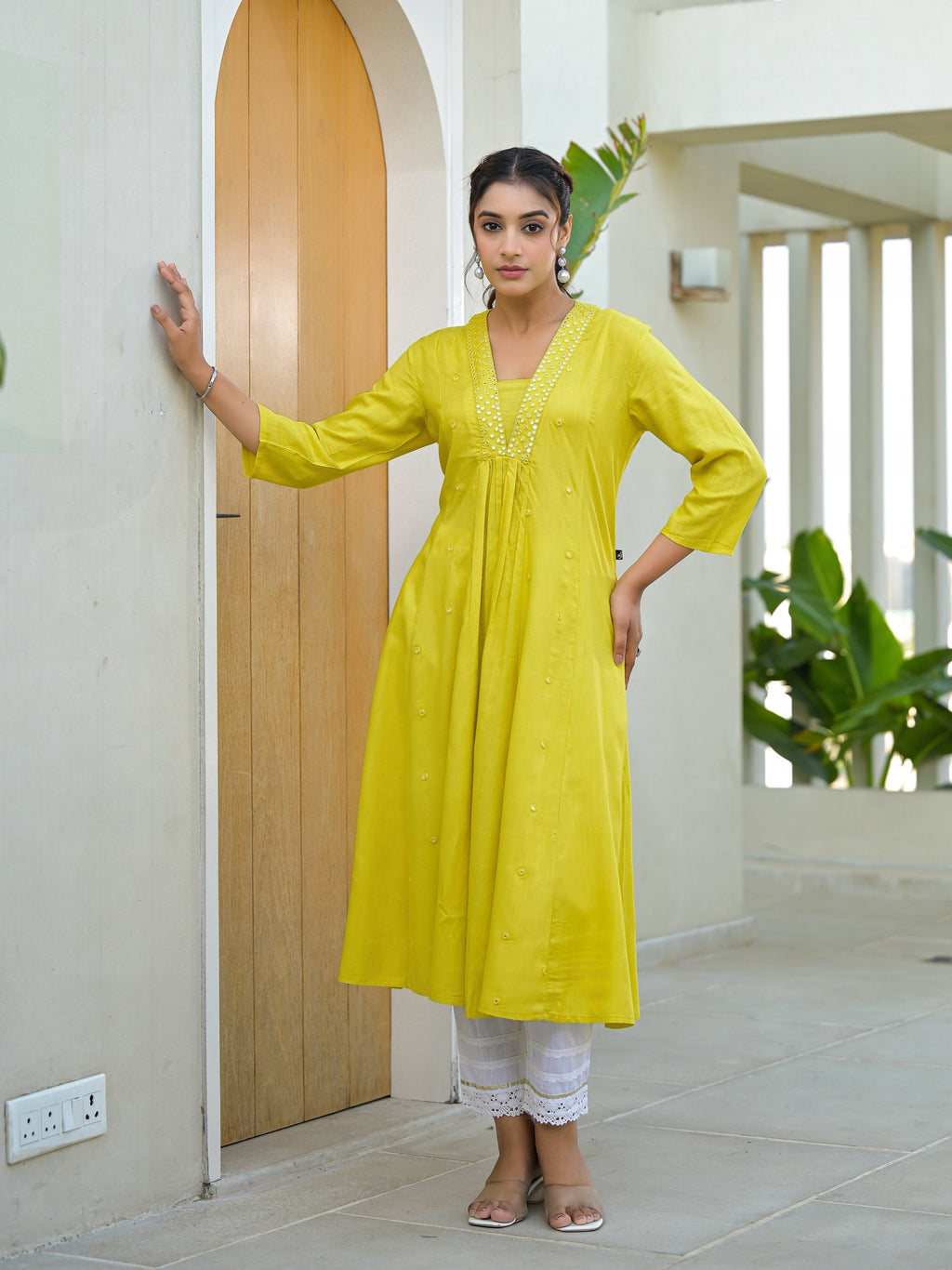 Juniper Yellow Solid Liva Rayon Kurta With Mirror Work