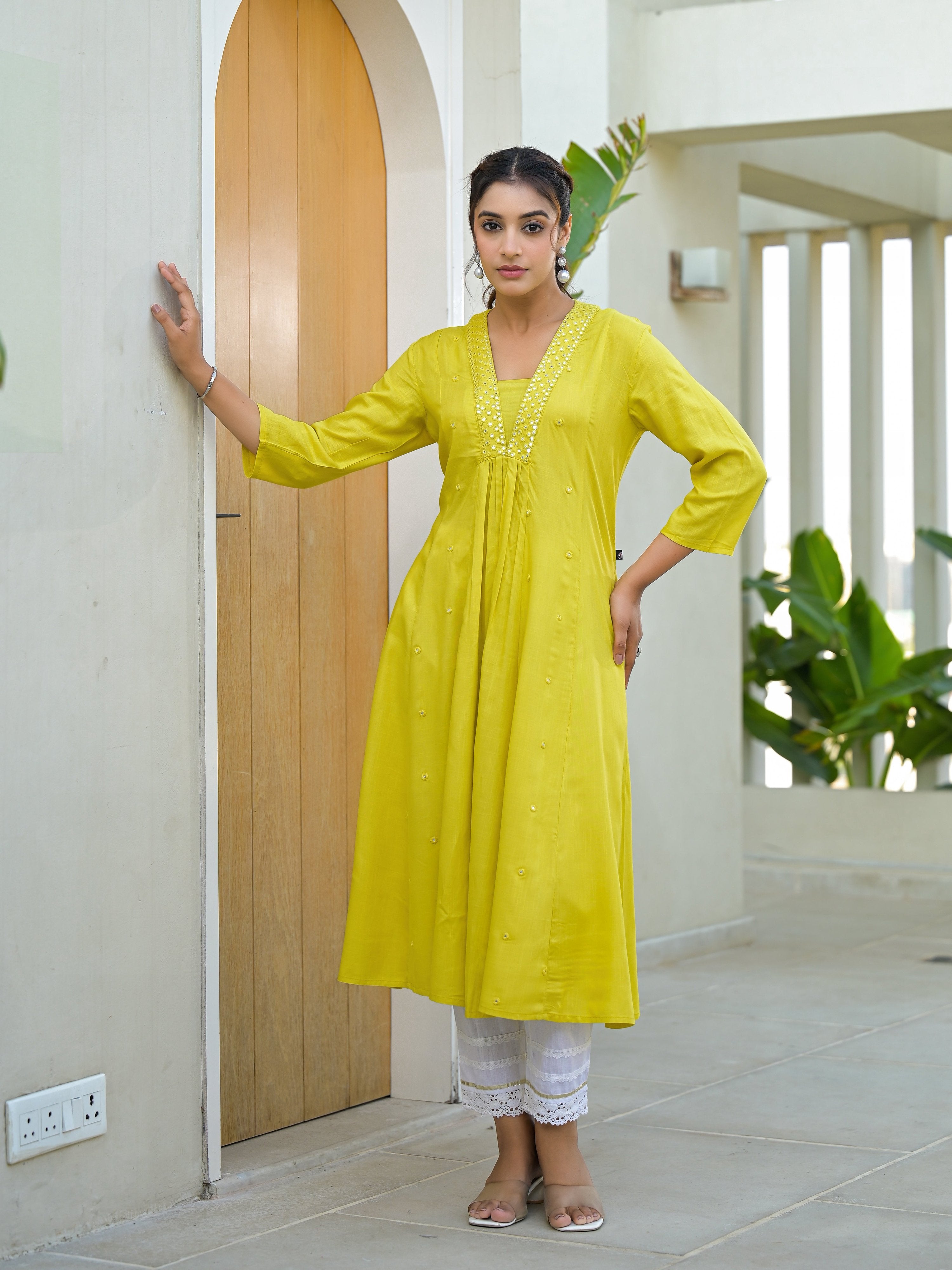Juniper Yellow Solid Liva Rayon Kurta With Mirror Work