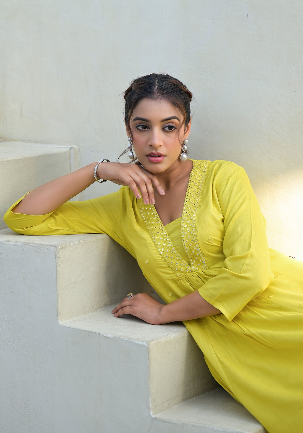 Juniper Yellow Solid Liva Rayon Kurta With Mirror Work