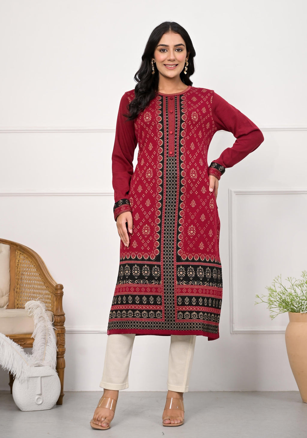 Juniper Maroon Ethnic Motif Printed Cotton Kurta