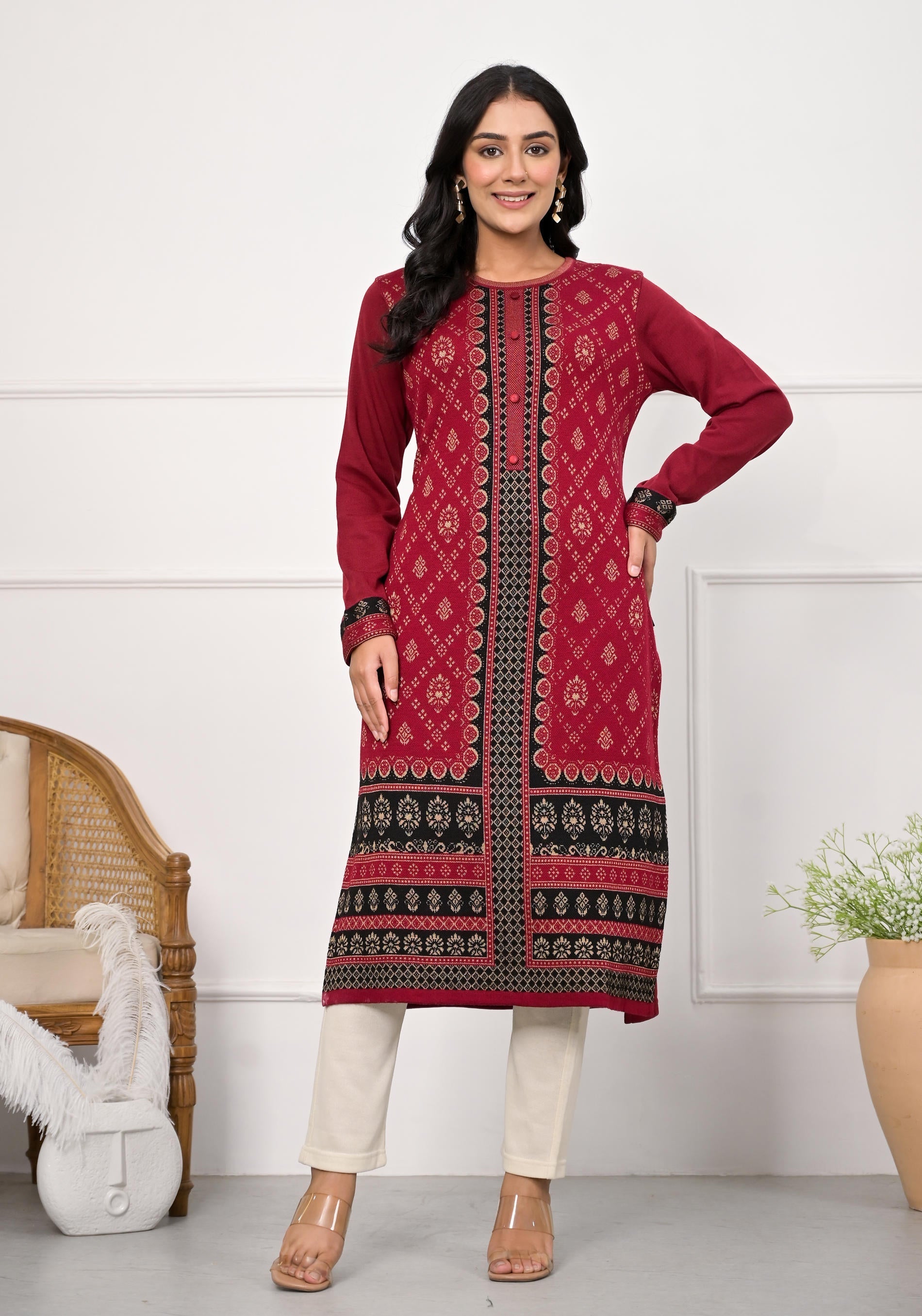 Juniper Maroon Ethnic Motif Printed Cotton Kurta
