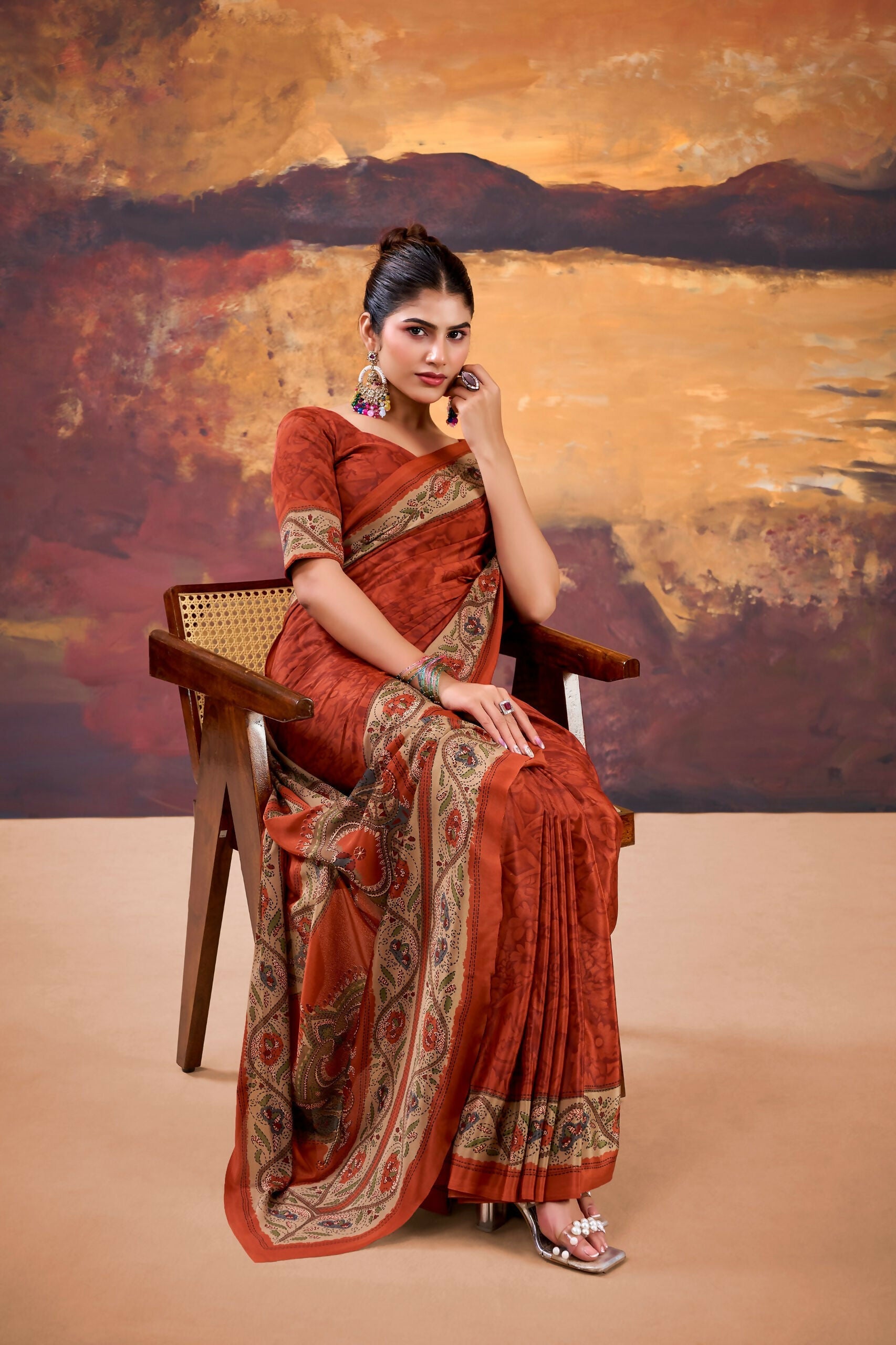 Vastranavya Orange Crepe Printed Saree with Unstitched Blouse