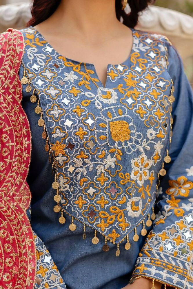 Teeya Creation Blue Color Cotton Denim Party Wear Real Mirror Work kurti