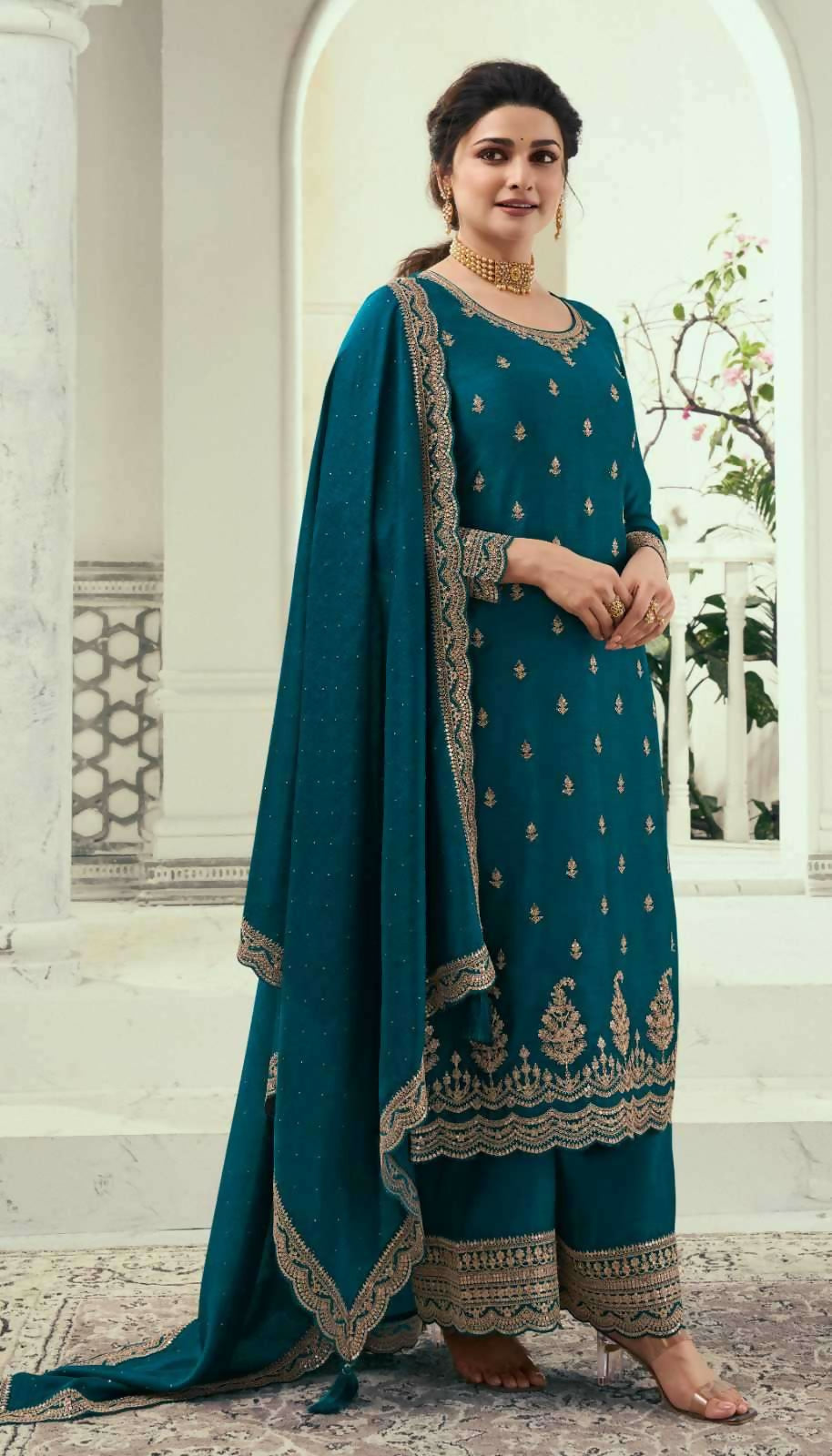 Anaita Teal Blue Silk Georgette Stitched Suit with Embroidery Sequins