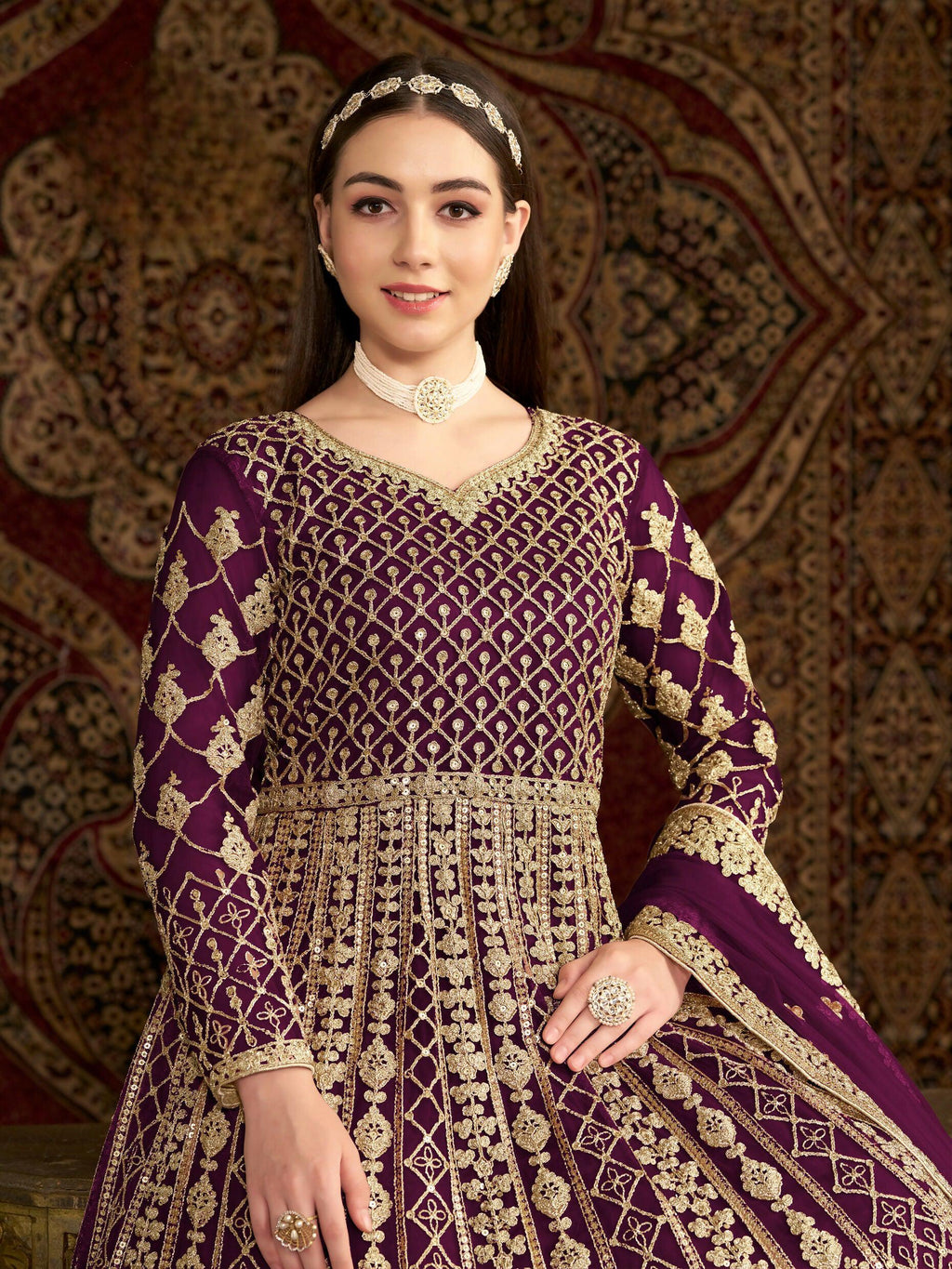 Anaita Purple Embroidered Net Stitched Anarkali Suit