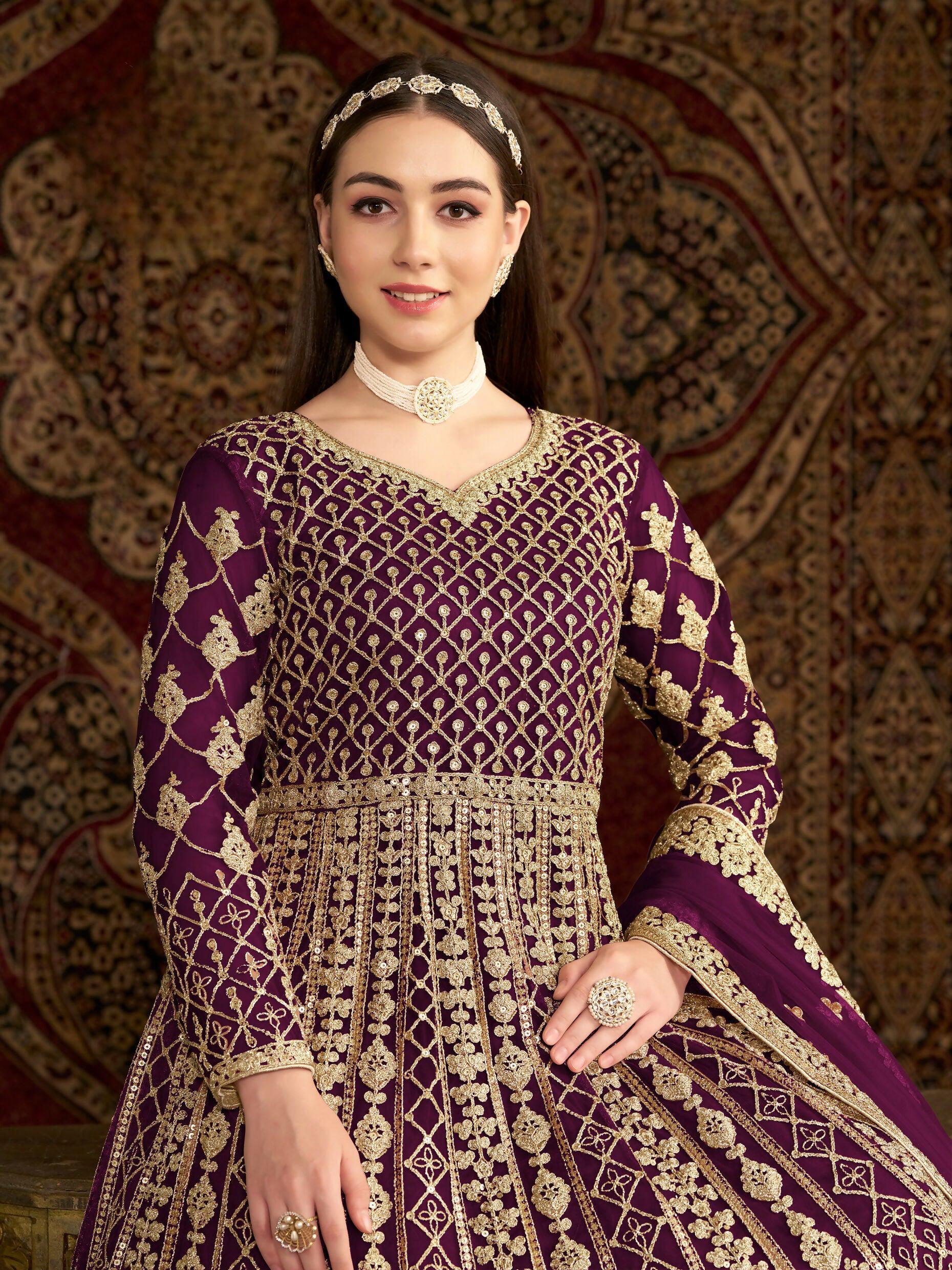 Anaita Purple Embroidered Net Stitched Anarkali Suit