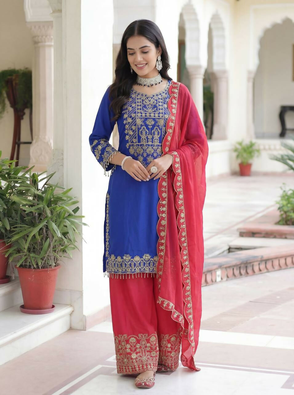 Teeya Creation Blue Chinon Silk Designer Wedding Wear Embroidery Work Palazzo