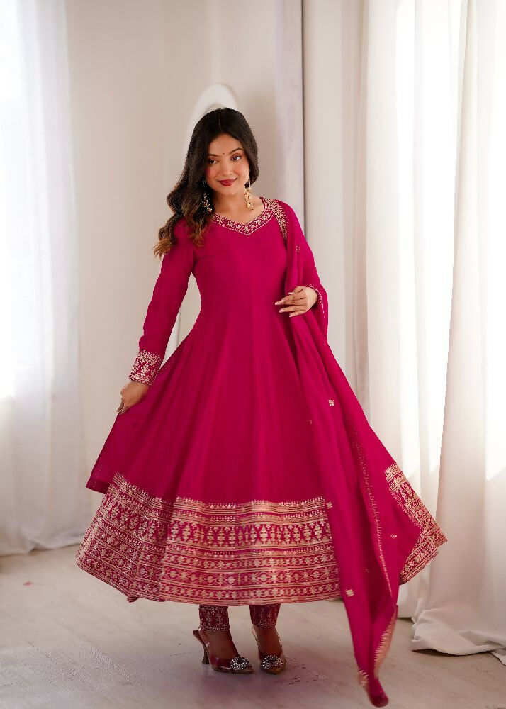 Teeya Creation Rani Color Vichitra Silk Embroidery Work Party Wear Long Gown