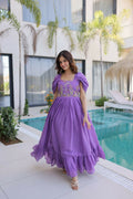 Teeya Creation Womens New Fancy Mul Chanderi With Embroidered Work Gown Set