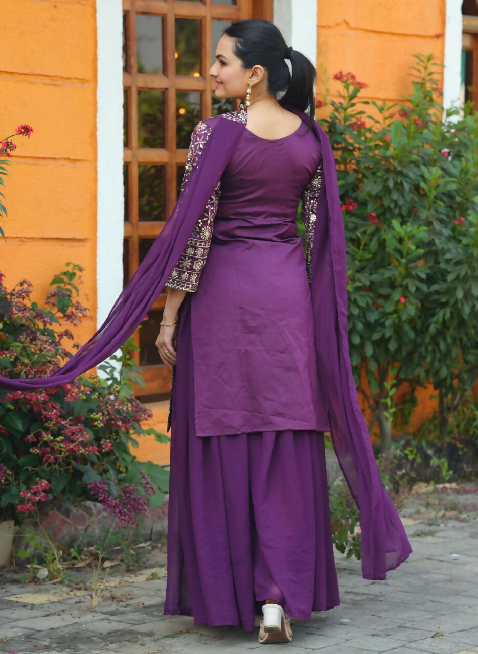Teeya Creation Wine Color Tapeta Silk Embroidery Work Party Wear Palazzo Set