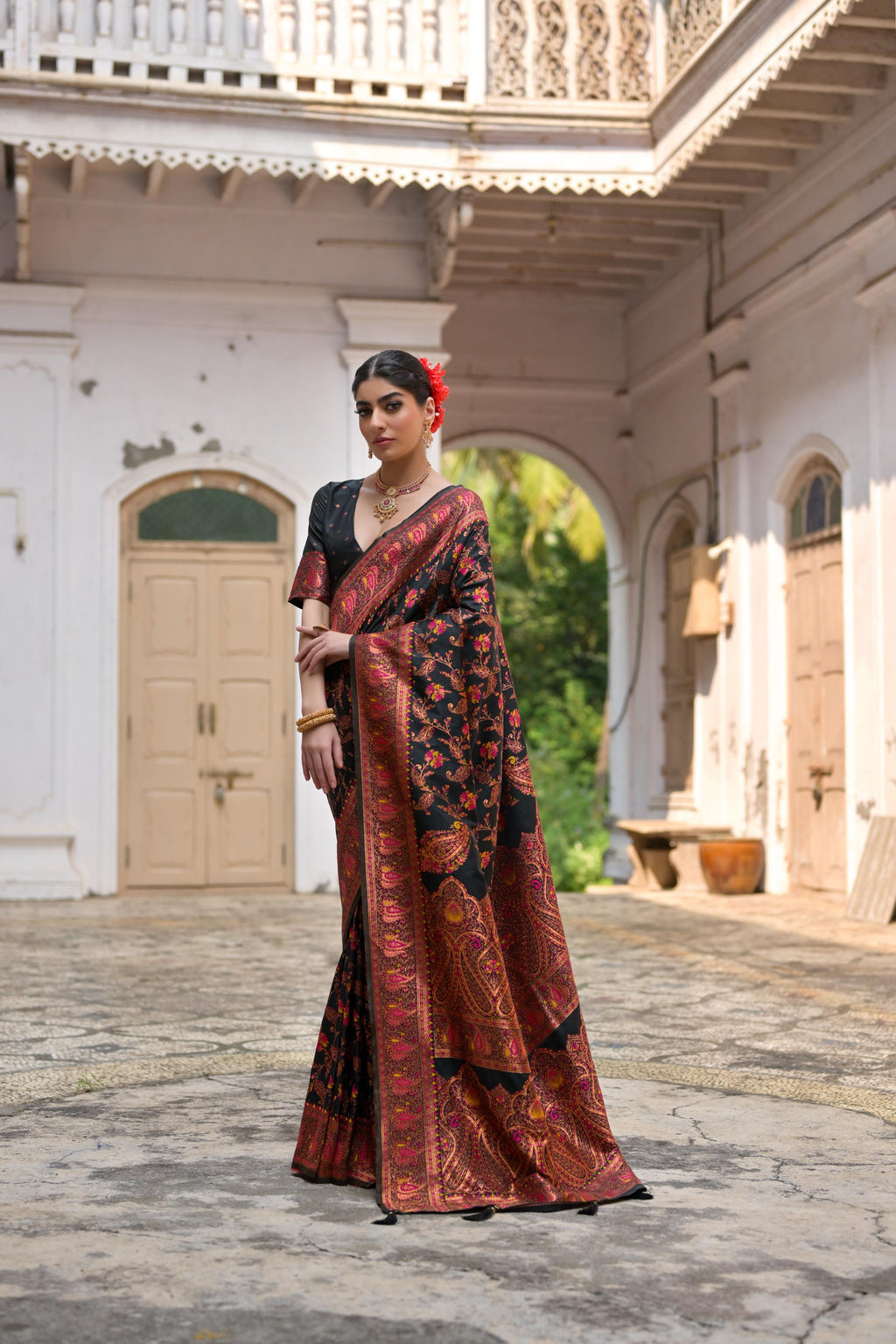 Jyoti Fashion Women's Black Soft Pashmina Silk Meena Zari Woven Saree with Blouse