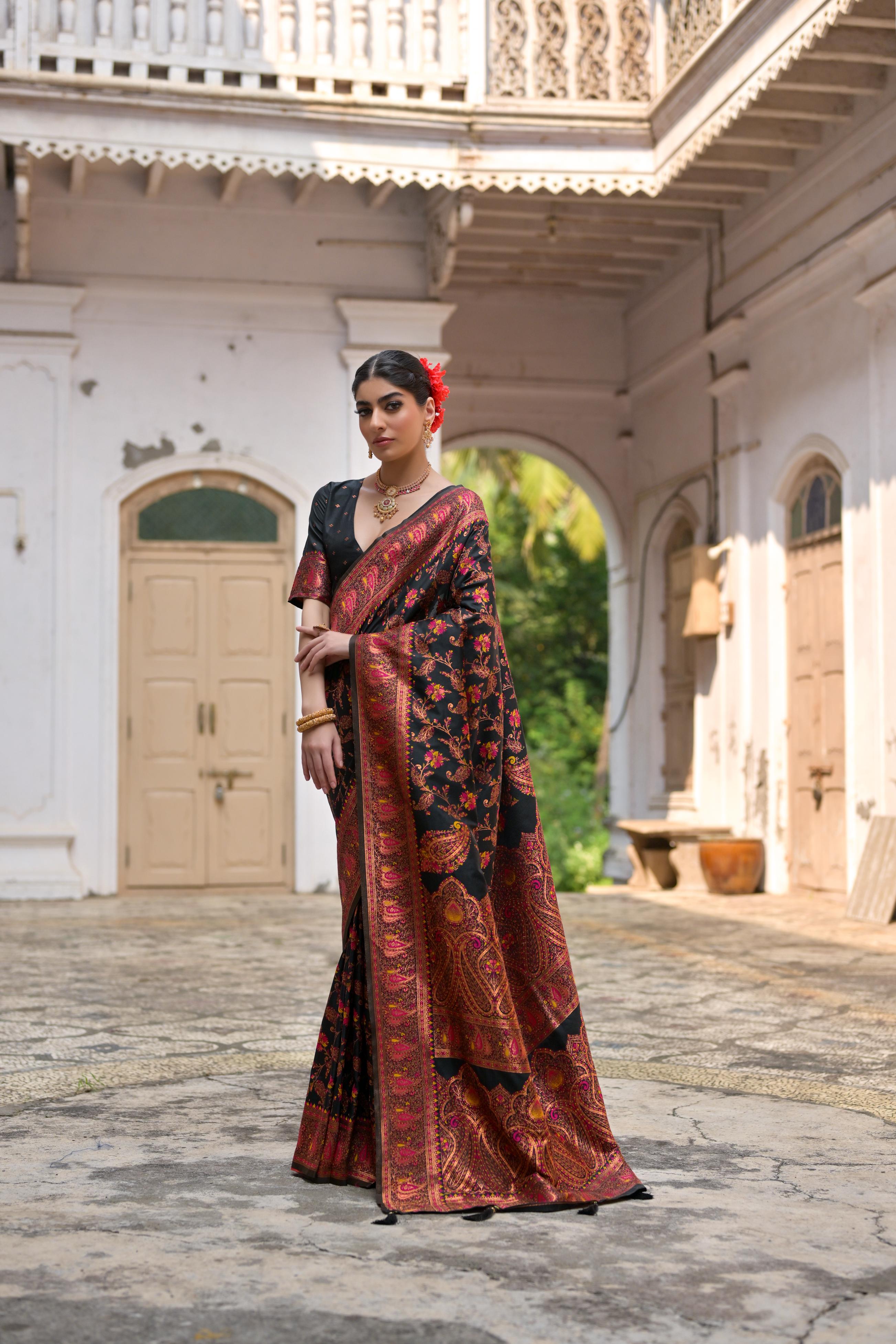 Jyoti Fashion Women's Black Soft Pashmina Silk Meena Zari Woven Saree with Blouse