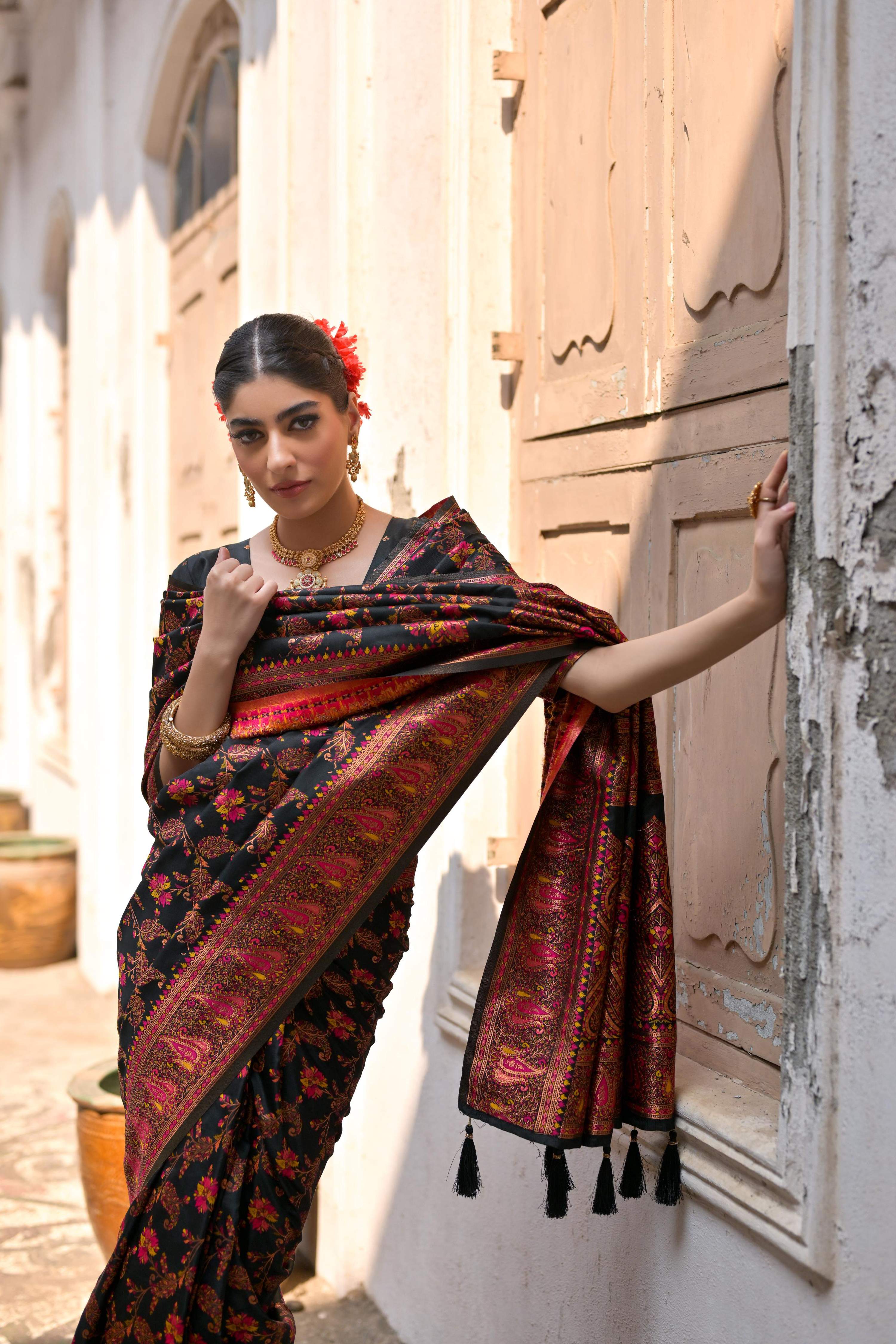 Jyoti Fashion Women's Black Soft Pashmina Silk Meena Zari Woven Saree with Blouse