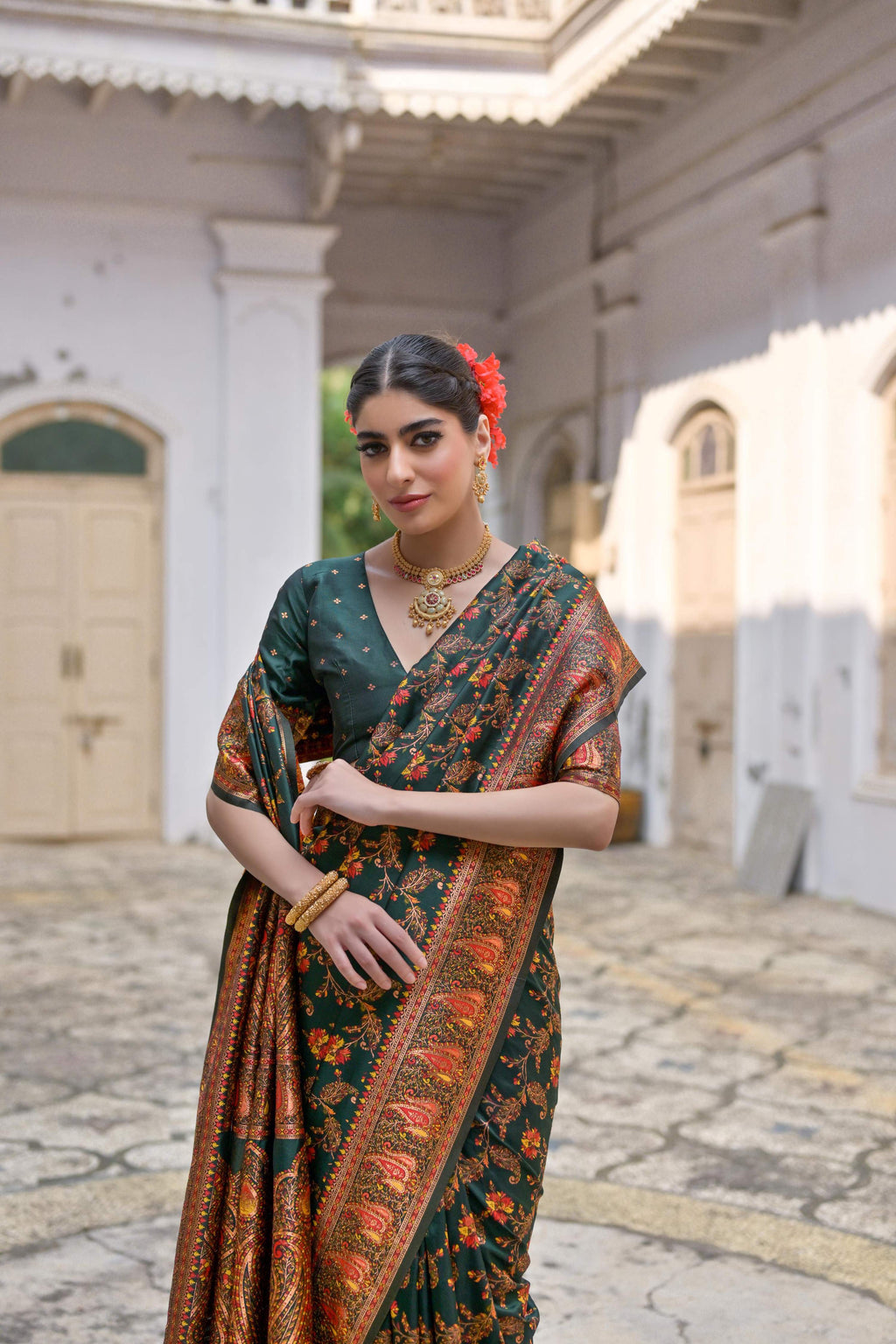 Jyoti Fashion Women's Bottle Green Soft Pashmina Silk Meena Zari Woven Saree with Blouse
