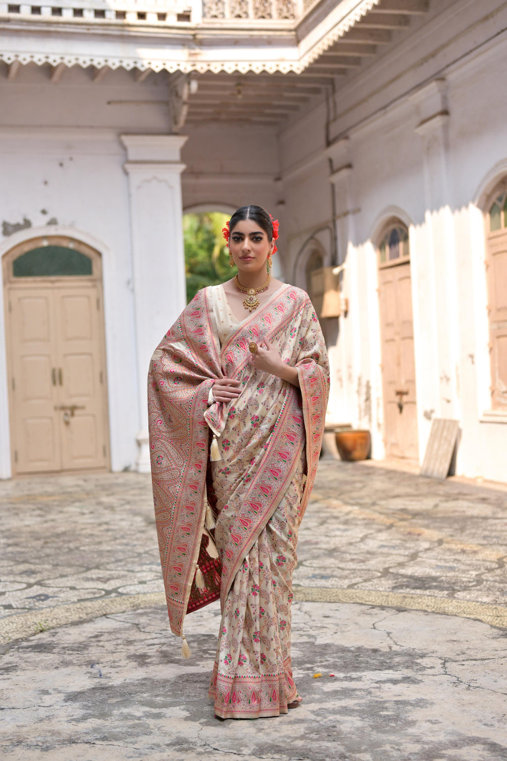 Jyoti Fashion Women's Cream Soft Pashmina Silk Meena Zari Woven Saree with Blouse
