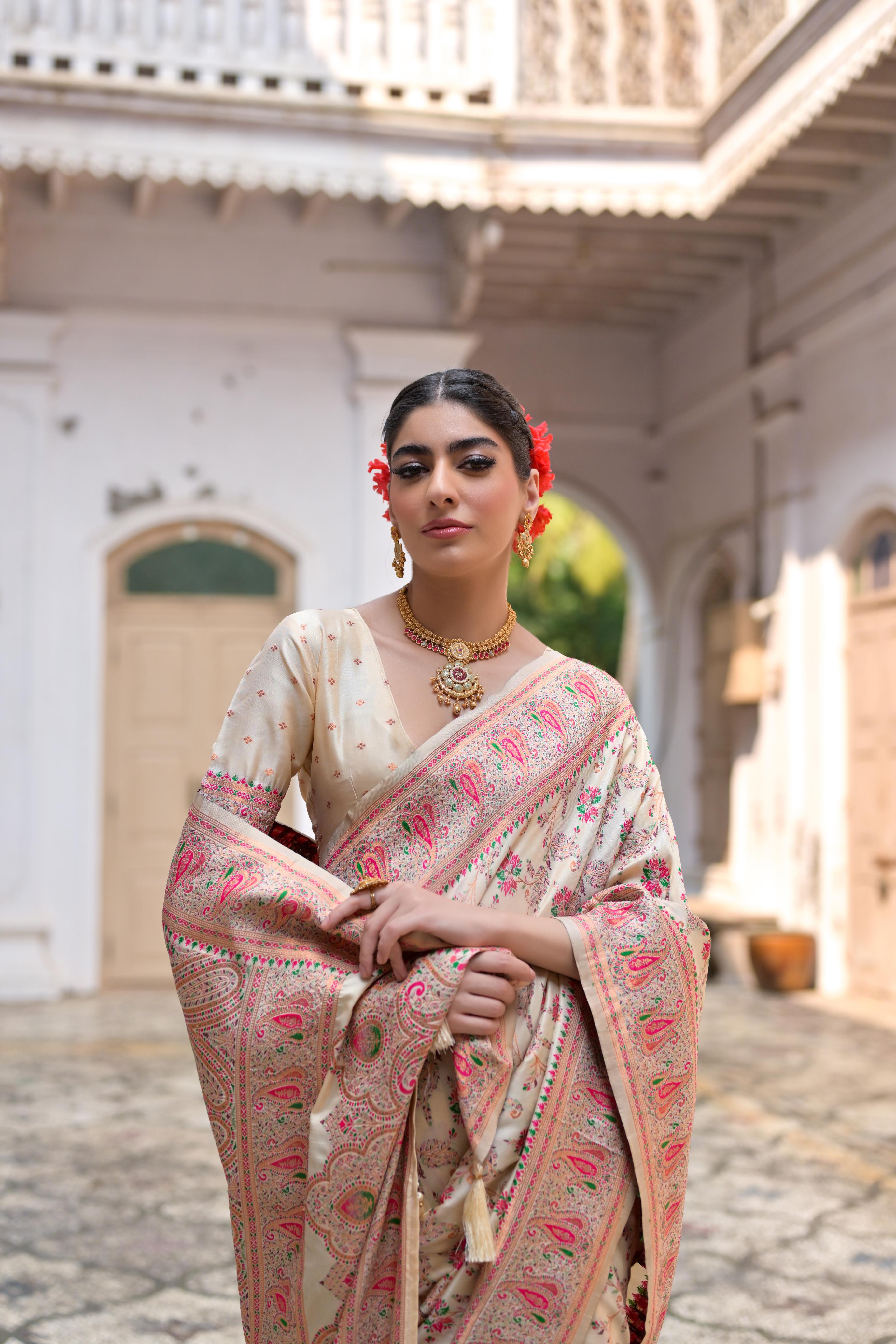 Jyoti Fashion Women's Cream Soft Pashmina Silk Meena Zari Woven Saree with Blouse