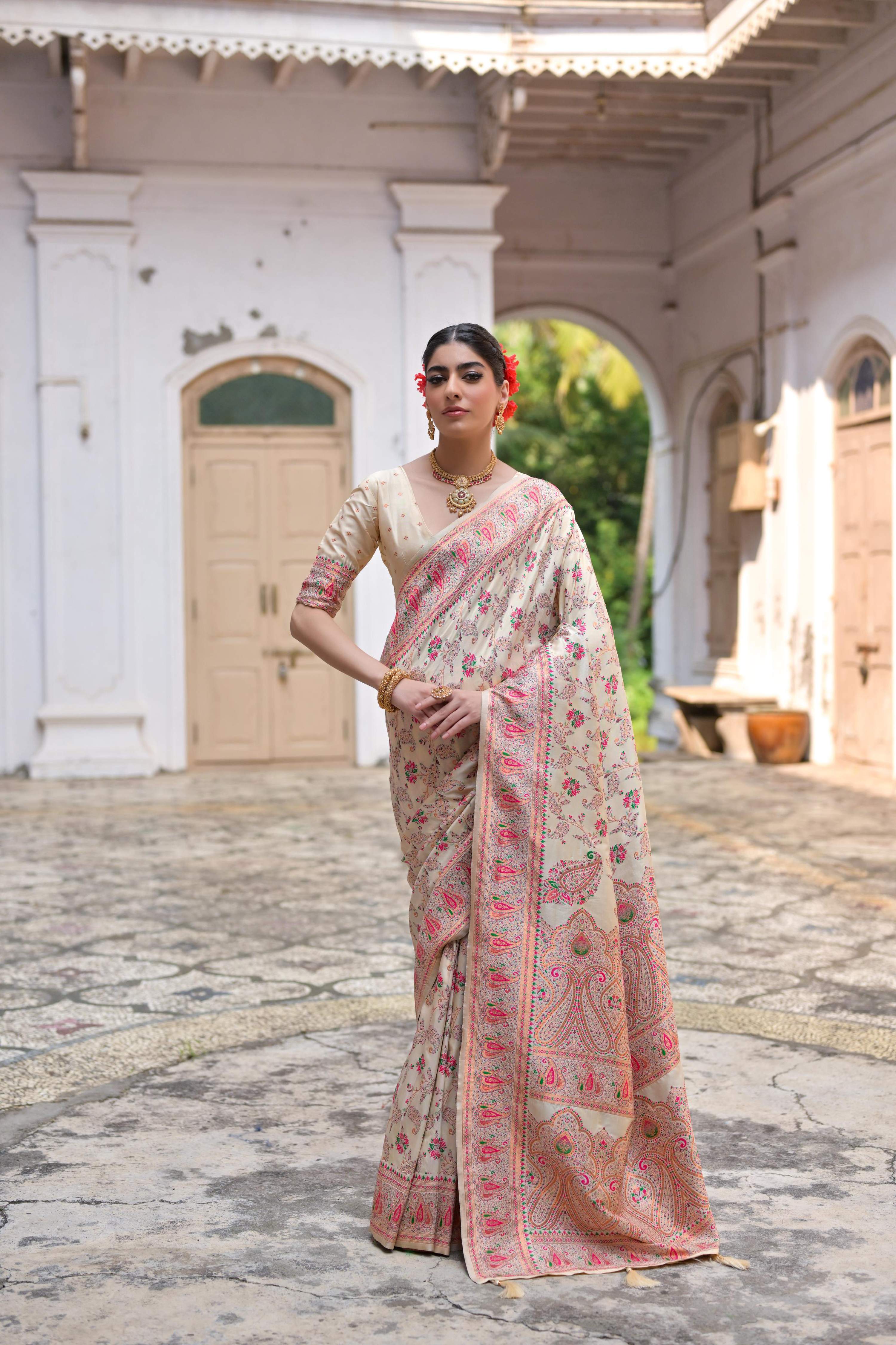 Jyoti Fashion Women's Cream Soft Pashmina Silk Meena Zari Woven Saree with Blouse