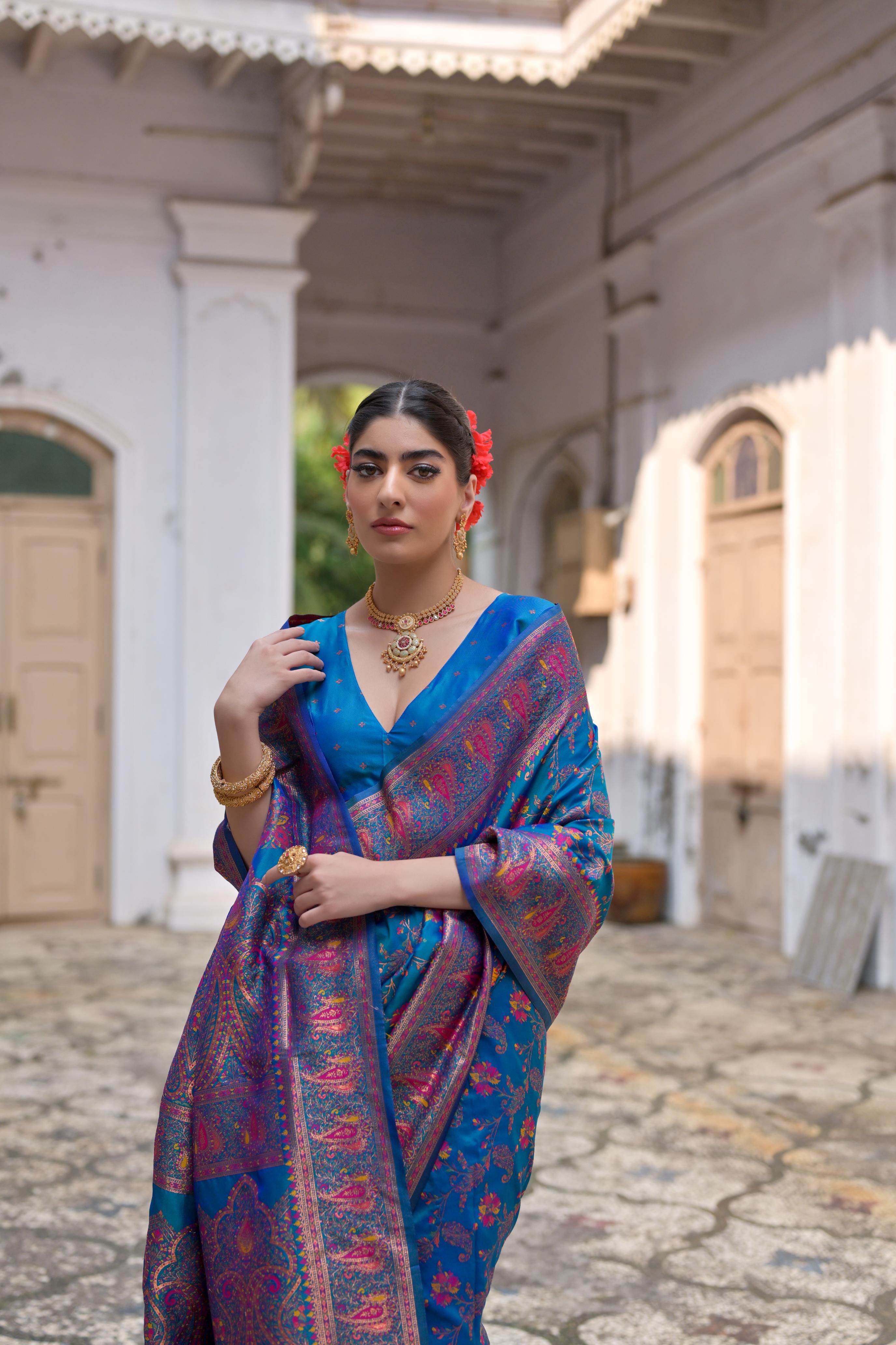 Jyoti Fashion Women's Firozi Soft Pashmina Silk Meena Zari Woven Saree with Blouse