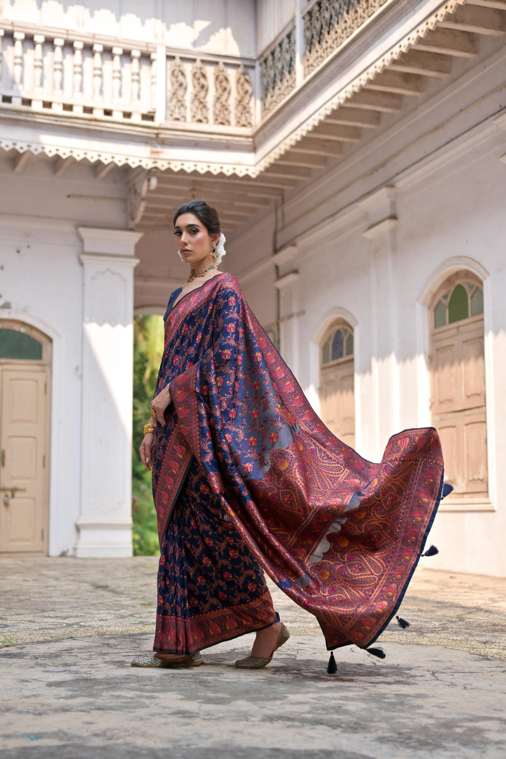 Jyoti Fashion Women's Navy Blue Soft Pashmina Silk Meena Zari Woven Saree with Blouse